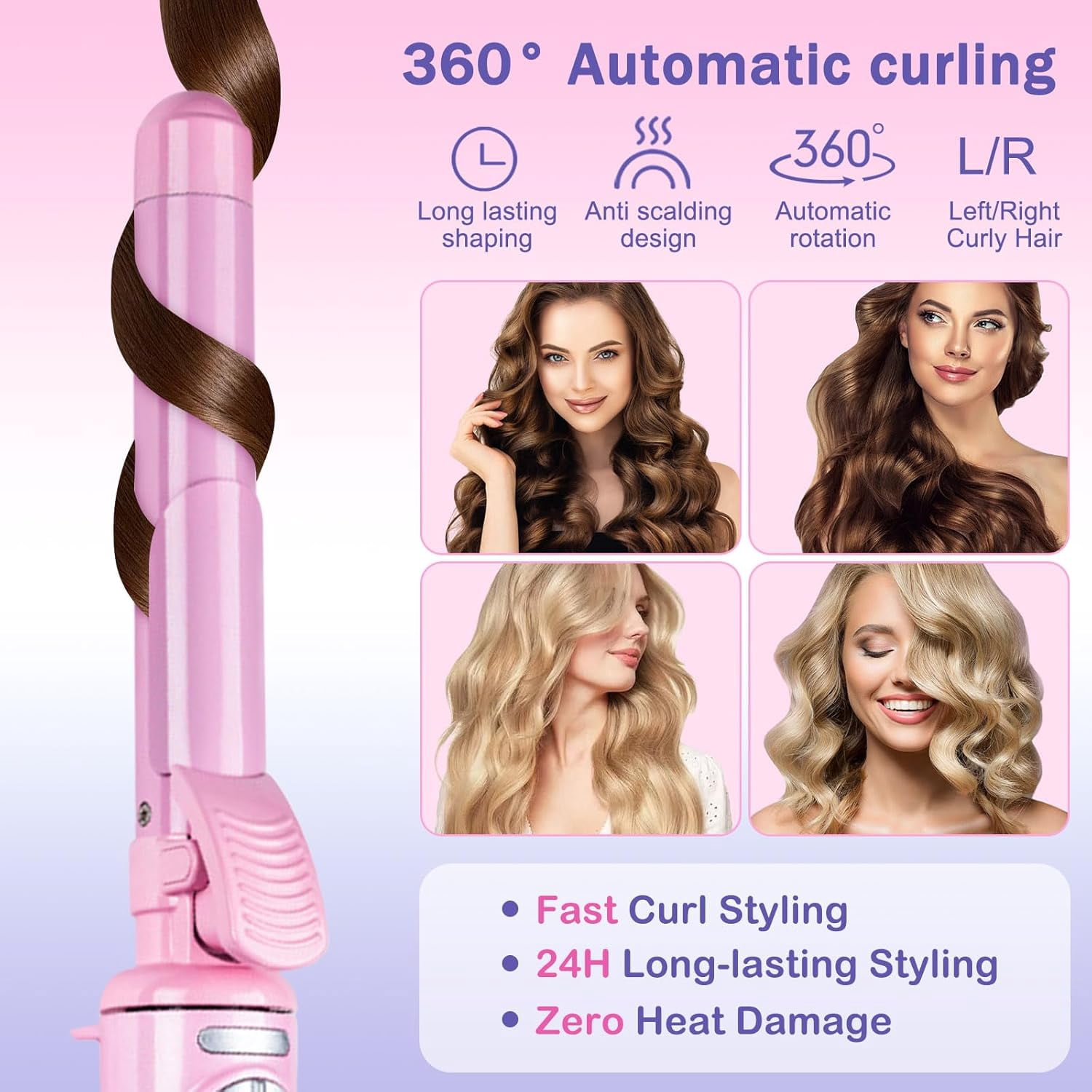 Generic Automatic Curling Iron Ceramic Hair Styler with Temperature Display (Pink, 5.1 in) o11n6