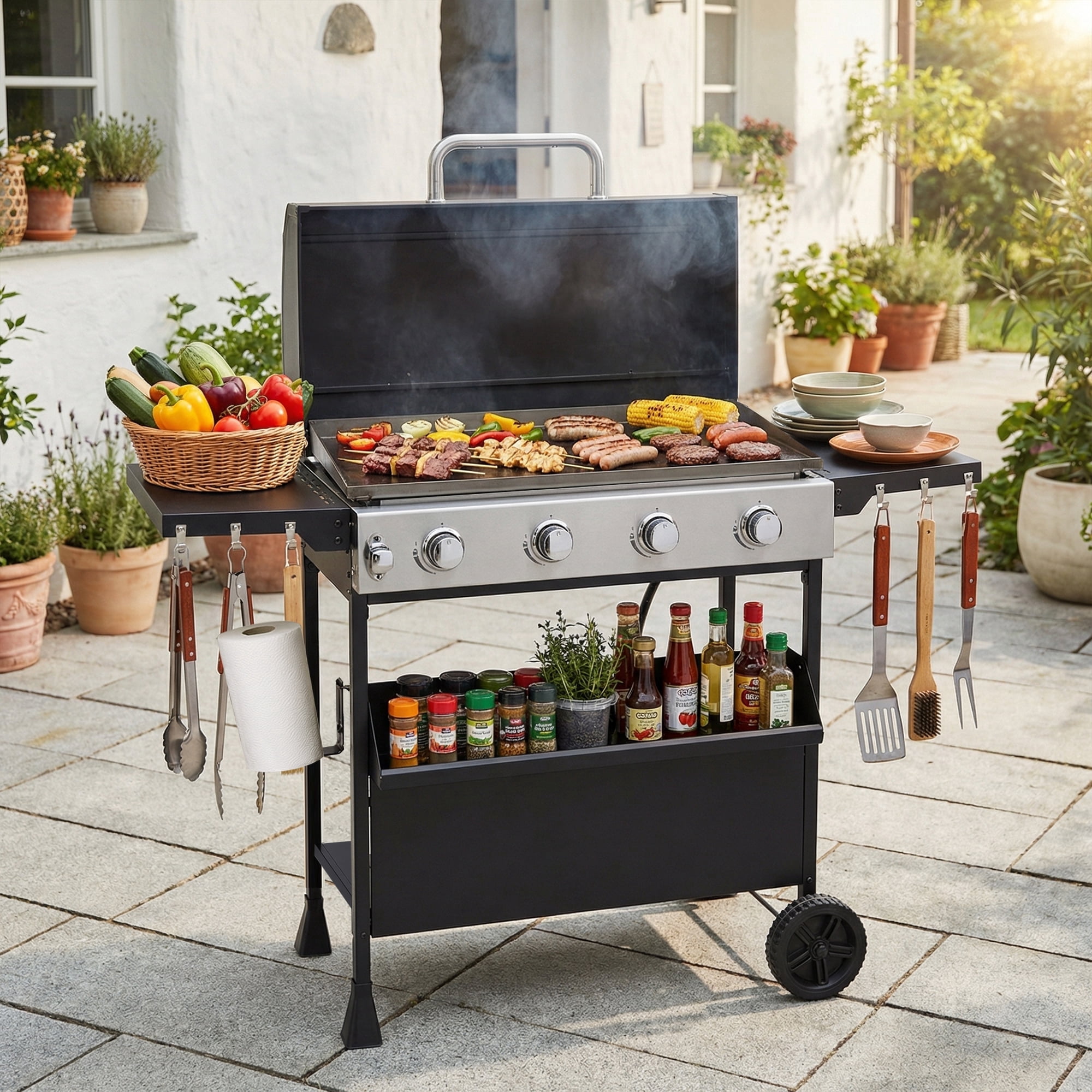 Magic Union 4-Burner Propane Gas Griddle with Hood and Foldable Shelves (Black, 455 sq.in) mjrrv