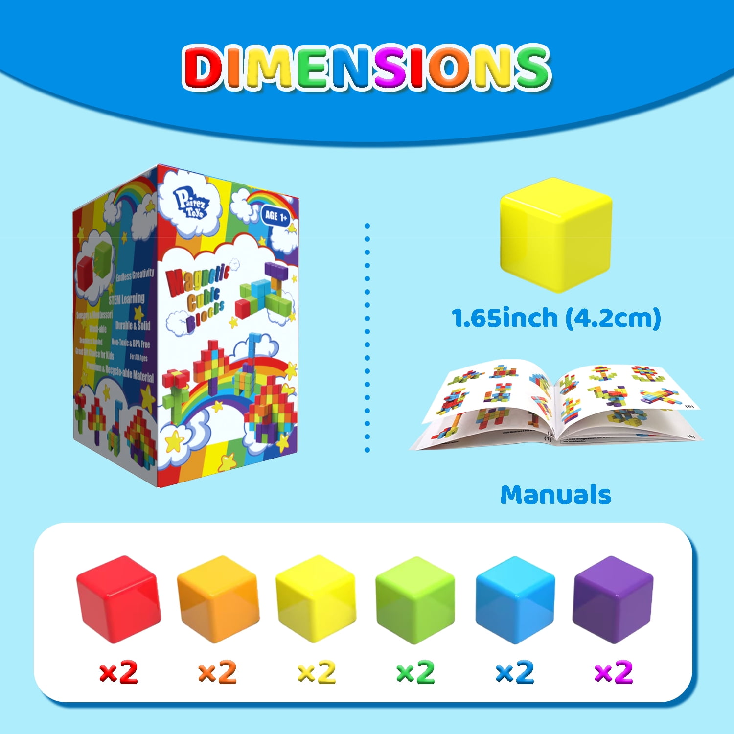 Pairez Toys Magnetic Building Blocks, Sensory Montessori Stacking Cubes for Toddlers (Rainbow, 12 Pcs, 1.65 in) e6wvl