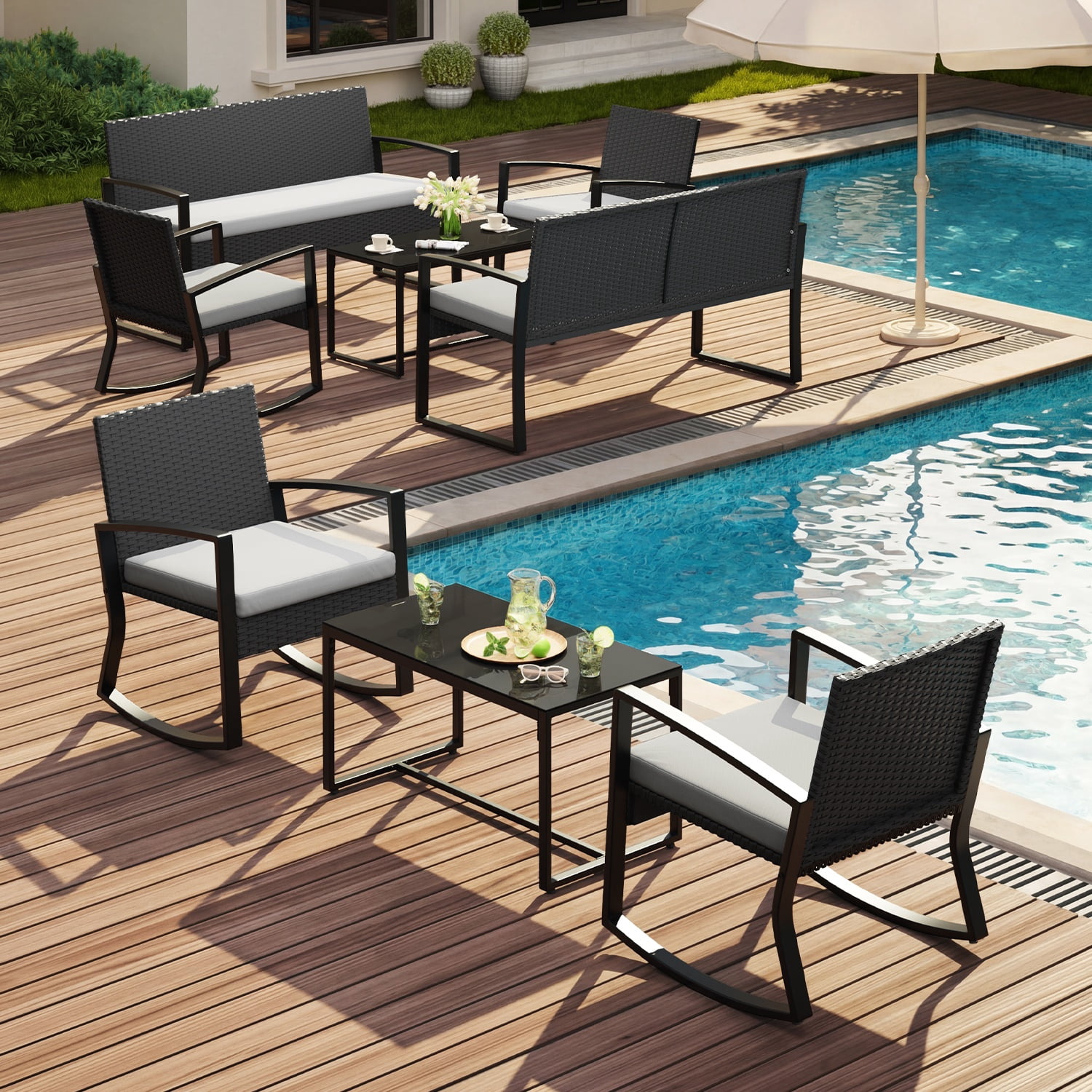 Lofka 8-Piece Outdoor Patio Furniture Set, All-Weather Wicker Rocking Chairs with Glass Coffee Tables (Gray, 8-Piece Set) sqtb1