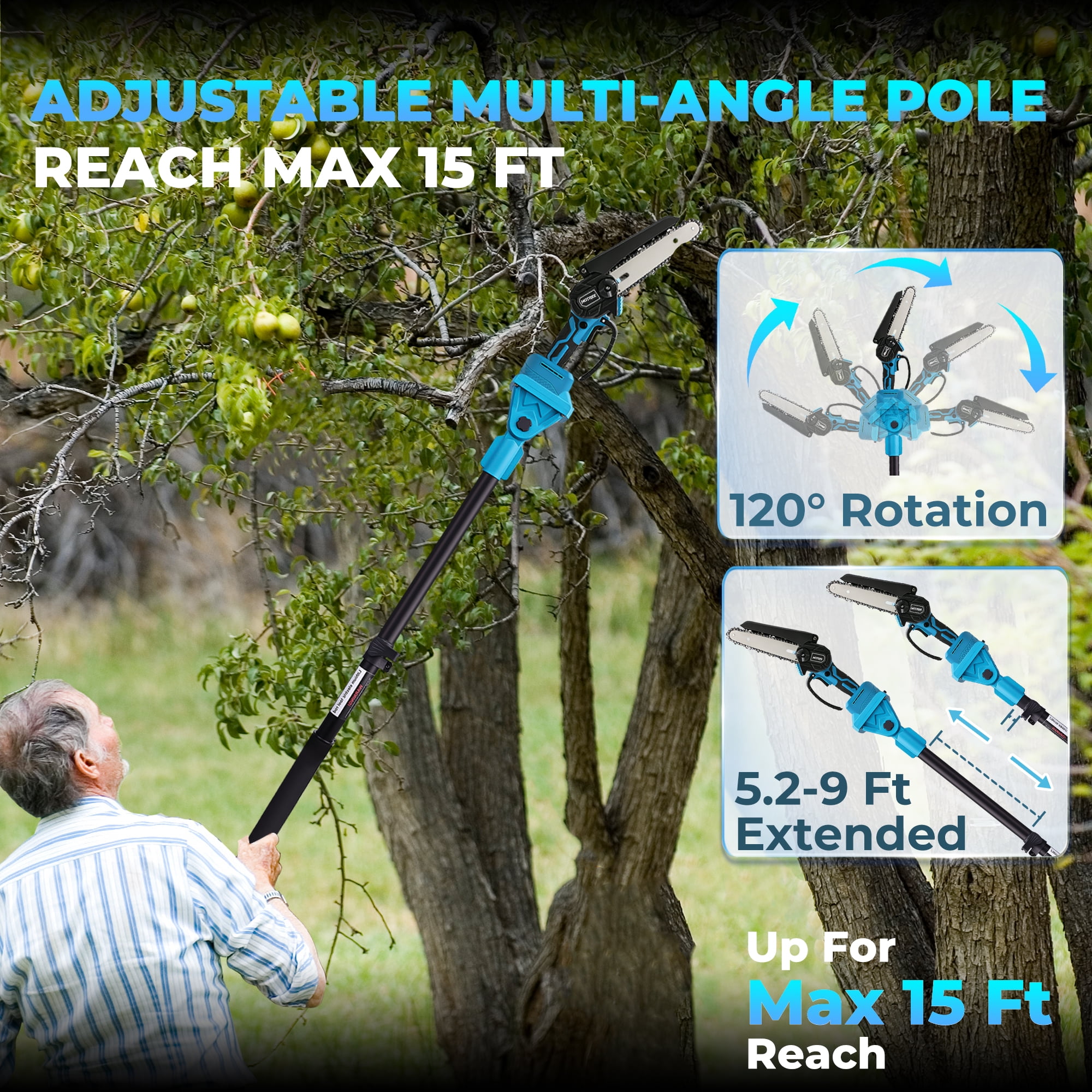 HOTREE 2-in-1 Cordless Pole Saw, 6-inch Mini Chainsaw with Adjustable Extension Pole (Blue, 15 ft Reach) lfu1u