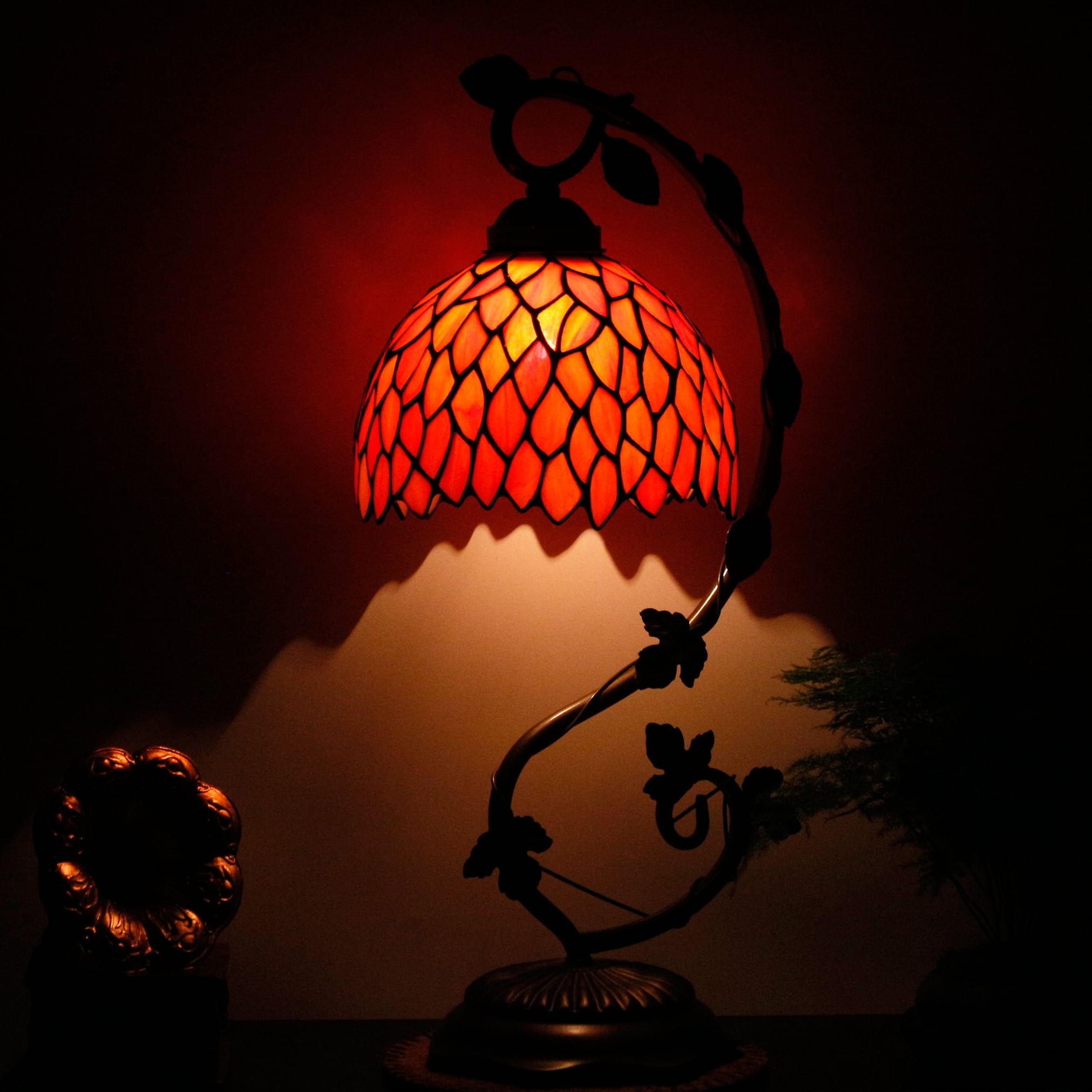 WERFACTORY Tiffany Table Lamp, Stained Glass Bedside Reading Light, Antique Wisteria Style with Metal Leaf Base (Red, 20 in) 6x2wm