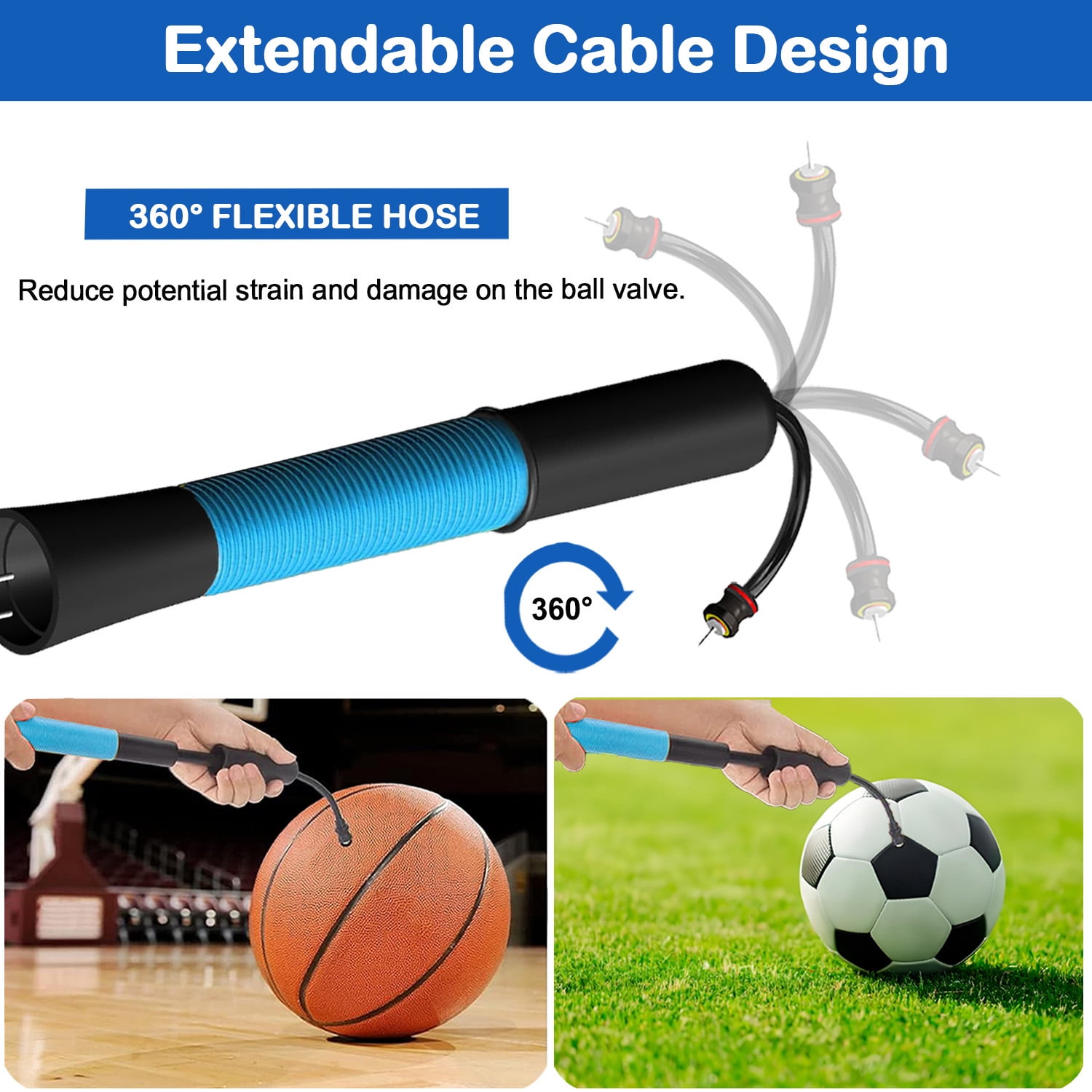 Fenxyo Portable Sports Ball Pump with Built-in Needle Storage and Extendable Hose (Blue, 1 Pack) c5js4