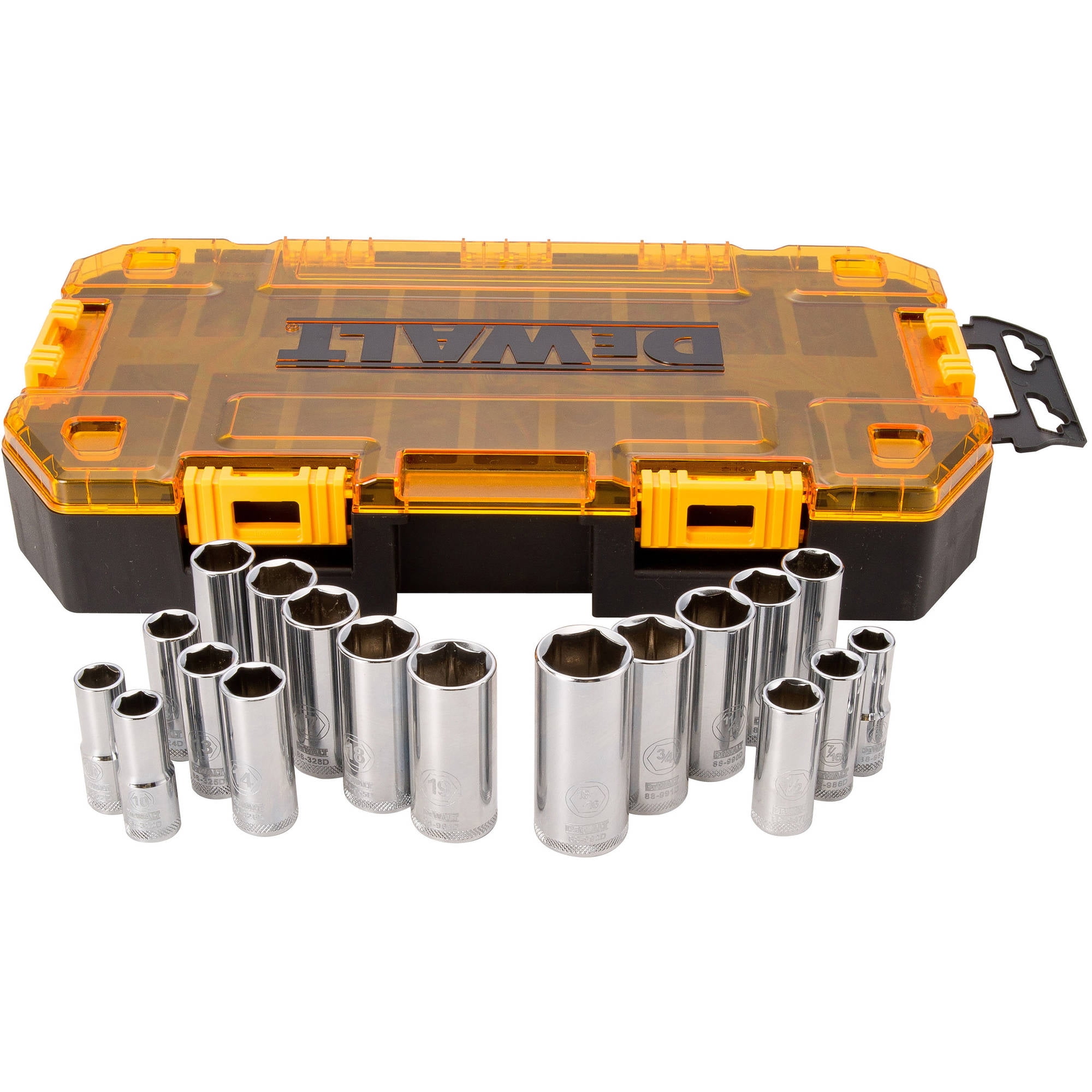 DEWALT Tough Box Socket Set, 3/8 in Drive Deep SAE Sockets with Stacking Case (6 Piece) 8l9mm