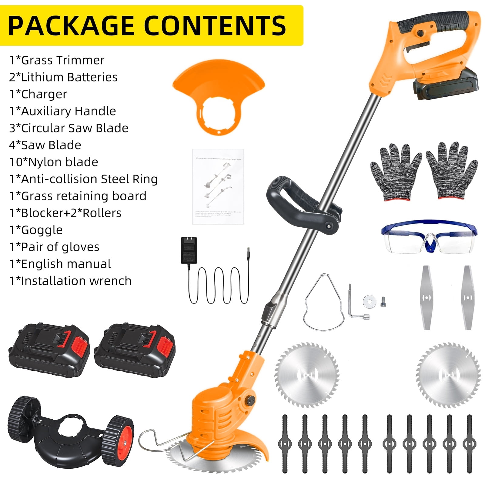 KingFurt Cordless String Trimmer with Wheels, 3-in-1 Lawn Edger and Brush Cutter (Yellow, 31 in to 45 in) a88dr