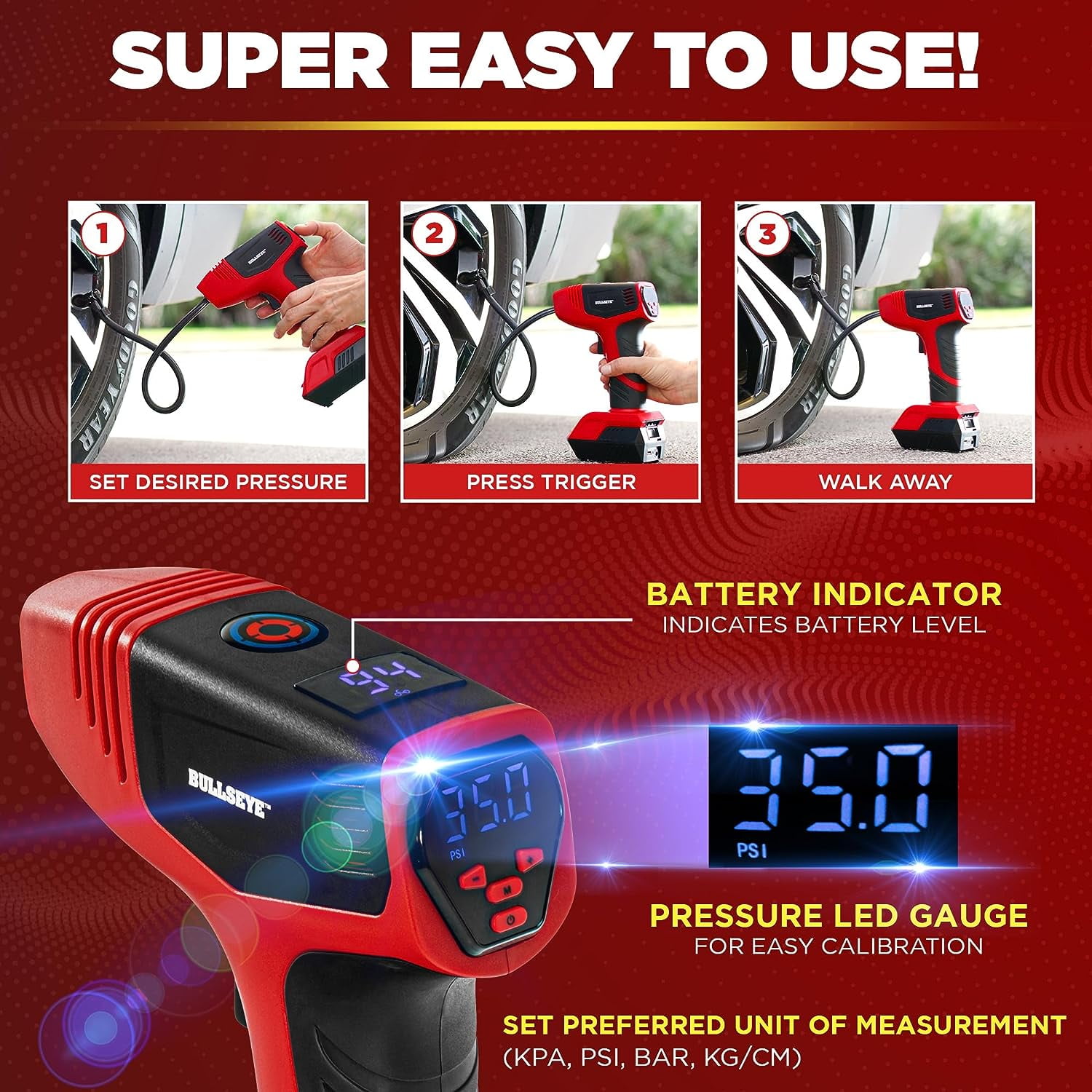 Bullseye Pro Portable Tire Inflator 150 PSI Electric Air Compressor (Red, 18 in Hose) c0k35