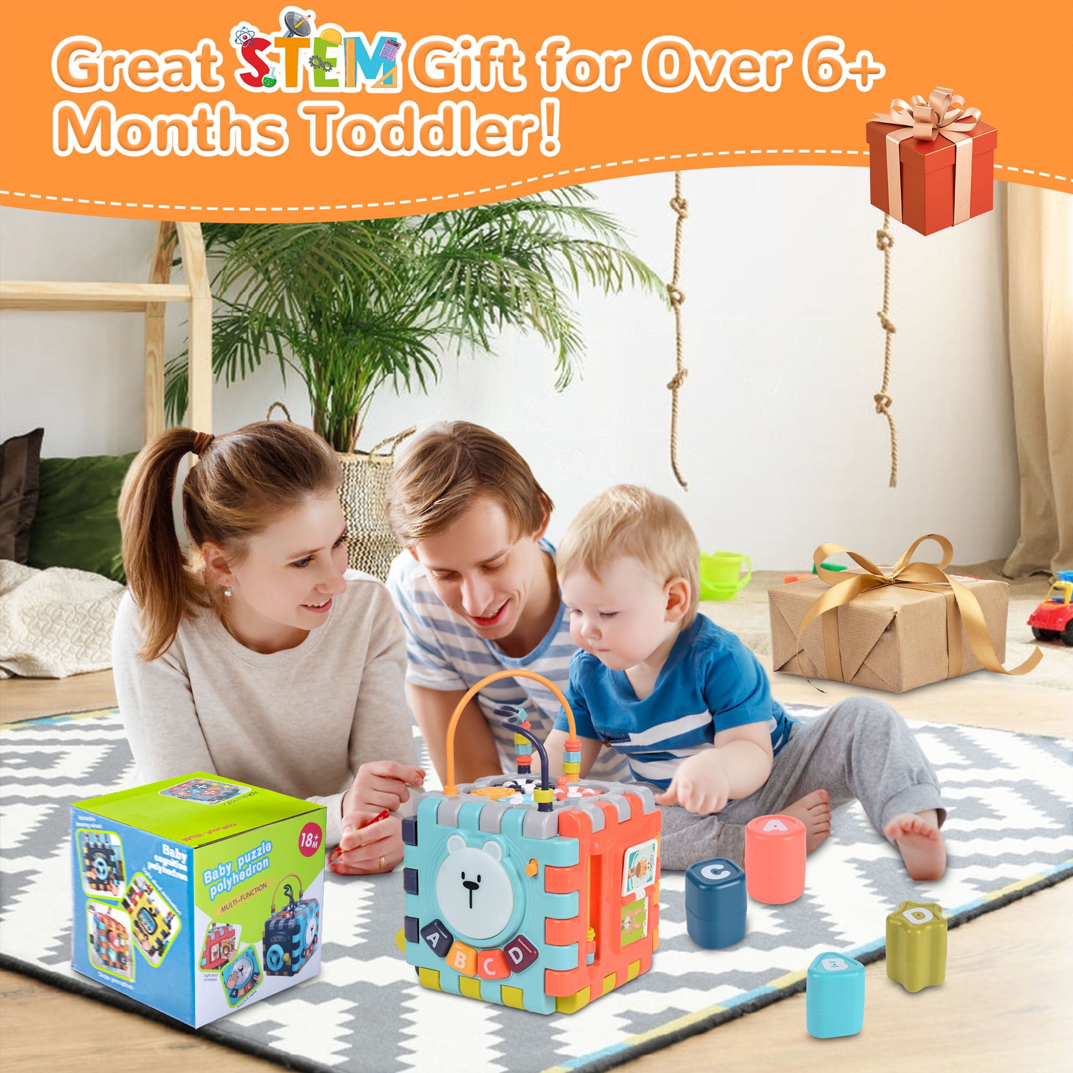 Vomeast 6-in-1 Montessori Activity Cube, Educational Learning Toy for Toddlers, Interactive Music & Shape Sorting (Multicolor, 7.0 x 7.0 x 10.9 in) 02d07