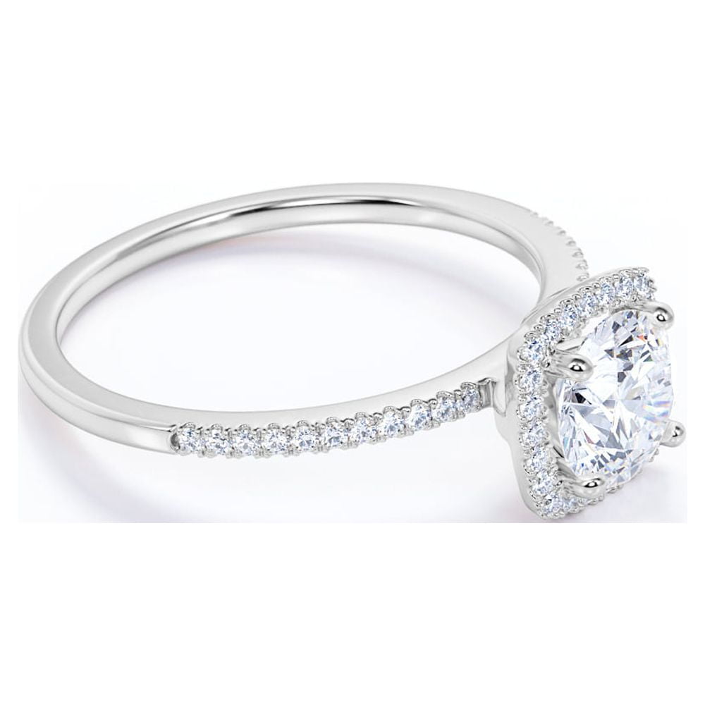 JeenMata Cushion Halo Engagement Ring 1 Carat Round Cut Moissanite Pave Prong Set (White Gold Plated, Size 7) p7hdp