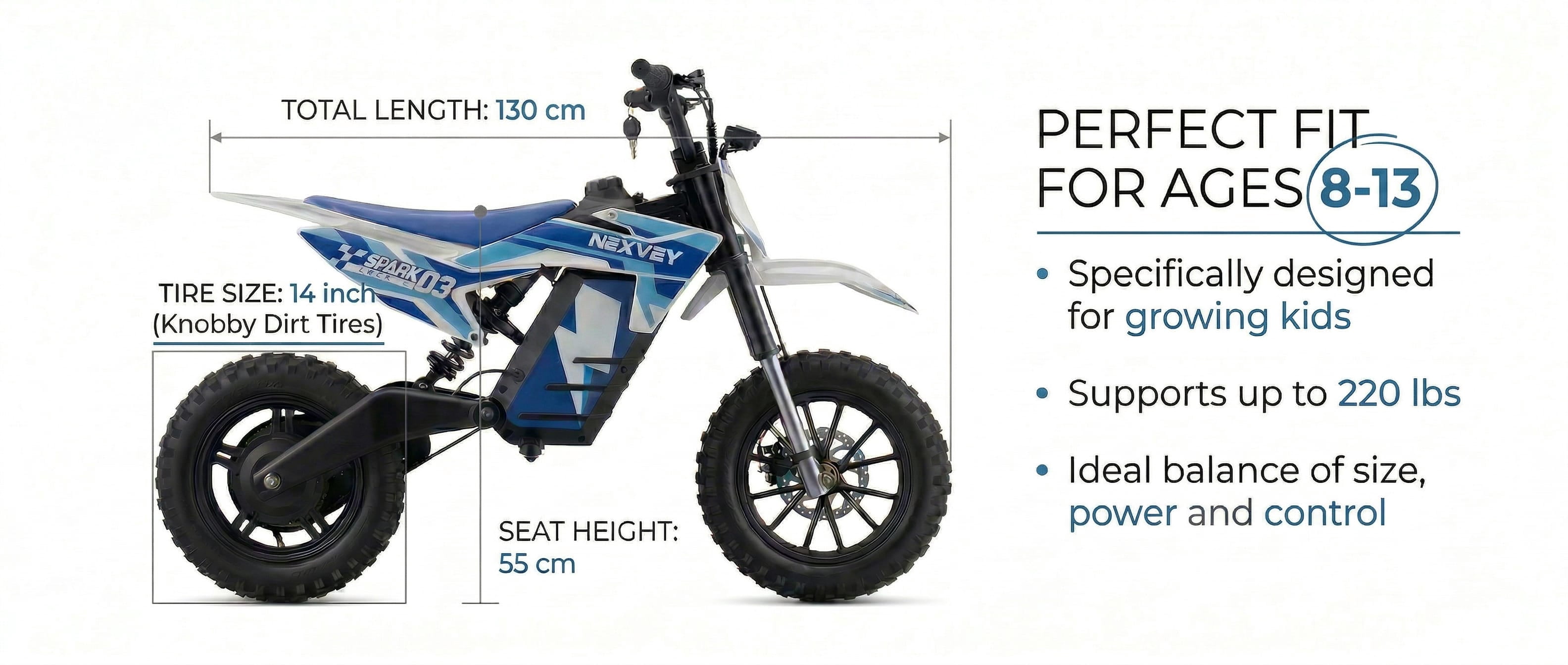 NEXVEY Spark 03 Electric Dirt Bike for Kids, 1500W Off-Road Ebike with Dual Suspension (Blue, 14 in Tires) nomxy