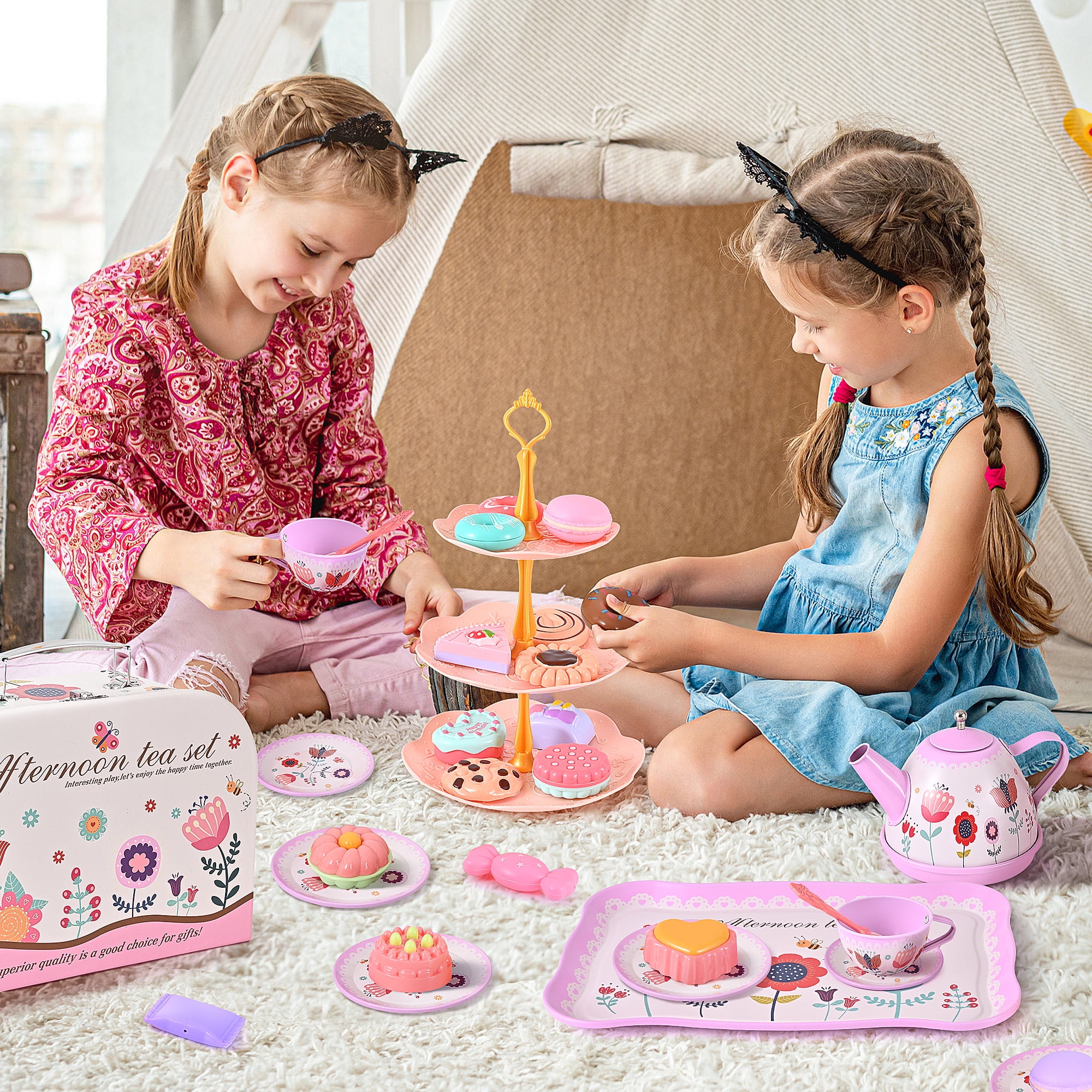 TOPFOX 45-Piece Princess Tea Party Set, Pretend Play Kitchen Toy with Tin Teapot, Cups, Plates, and Carrying Case (Pink, 45-Piece Set) e9om7
