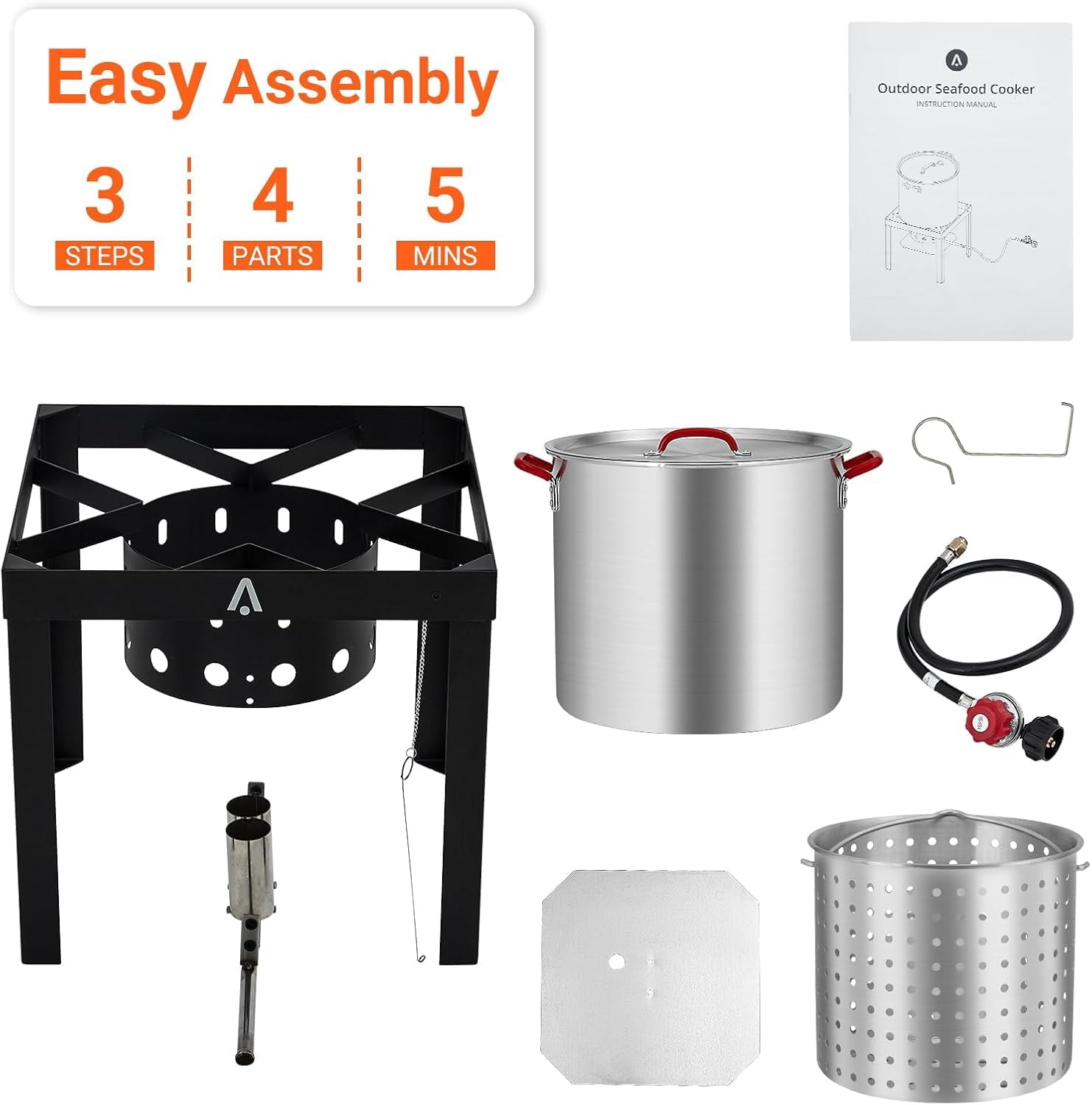 Bayou Classic 60-Quart Aluminum Seafood Boil Pot Kit with High-Pressure Propane Jet Burner and Strainer (60 Quart) s25lk