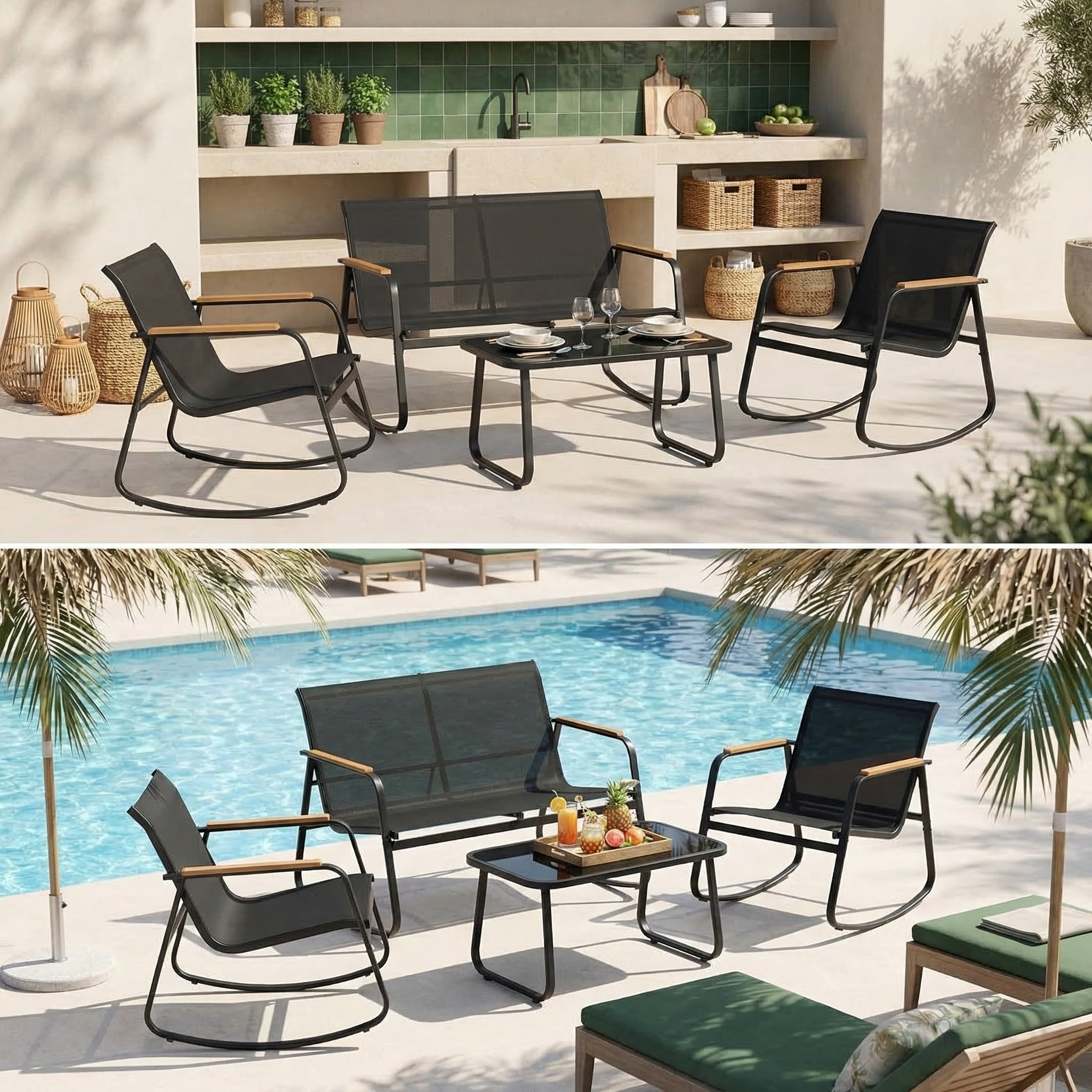 Jolifa 4-Piece Outdoor Conversation Set with Rocking Chairs and Coffee Table (Black, 4-Piece Set) 7cuwo