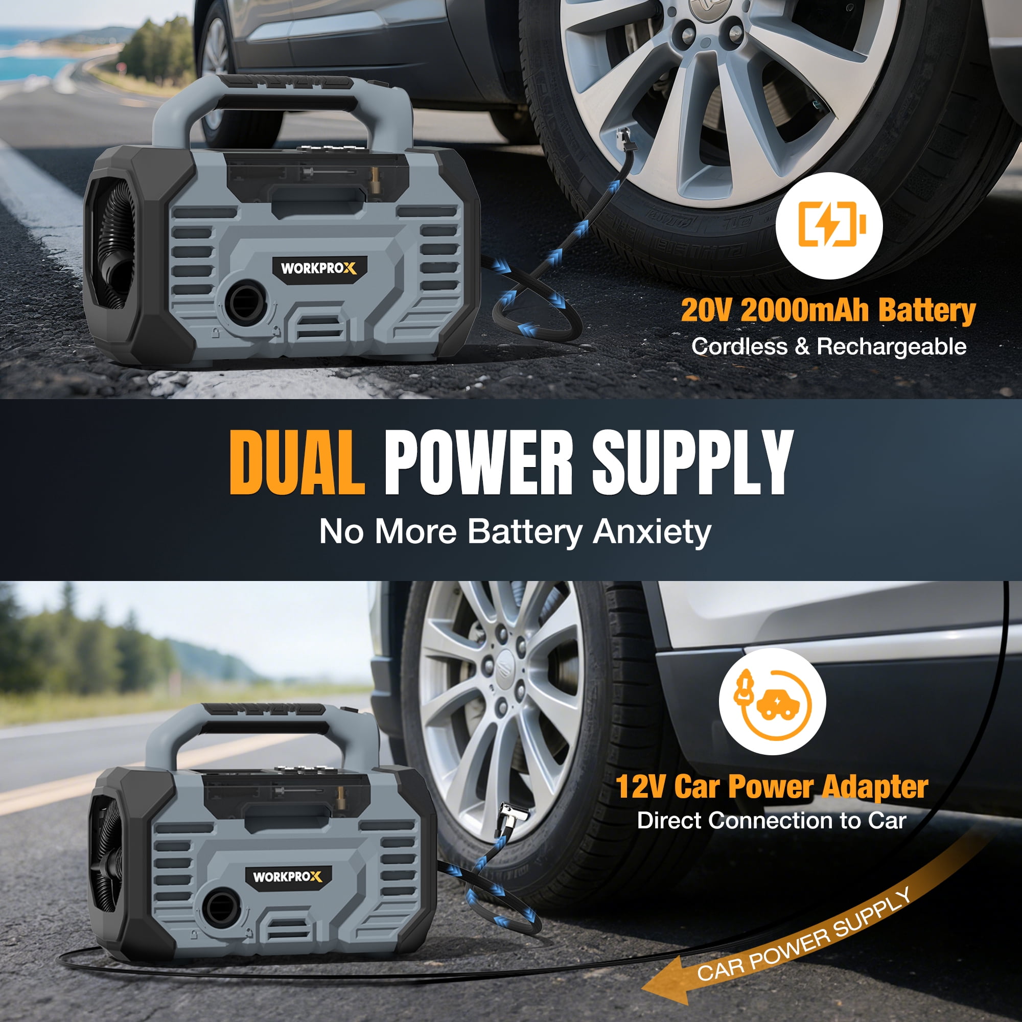 WORKPROX Portable Tire Inflator Air Compressor (150 PSI, 20V Battery & 12V DC Power, Grey, 1 Pack) 3esrz
