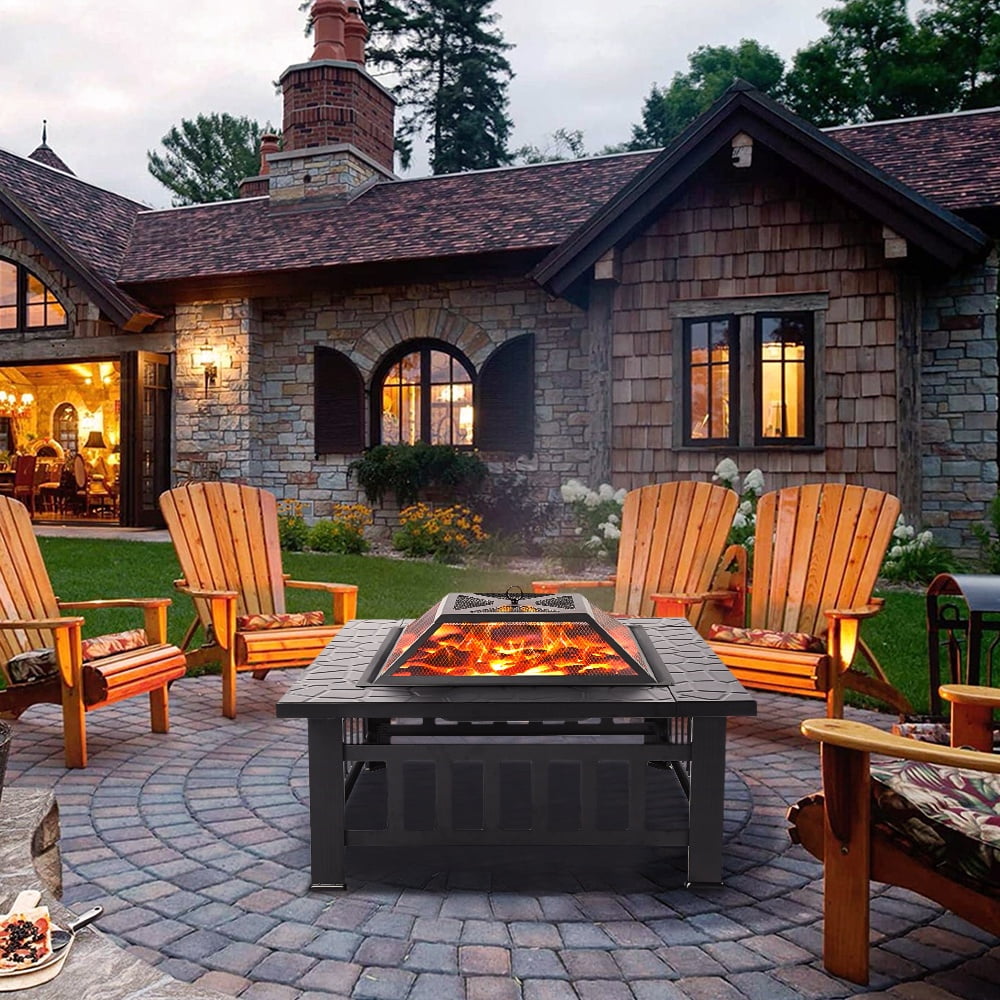 Segmart Outdoor Fire Pit Table, 32 in Square Wood Burning Fire Pit with Spark Screen and Log Poker (Black, 32 in) c7uir