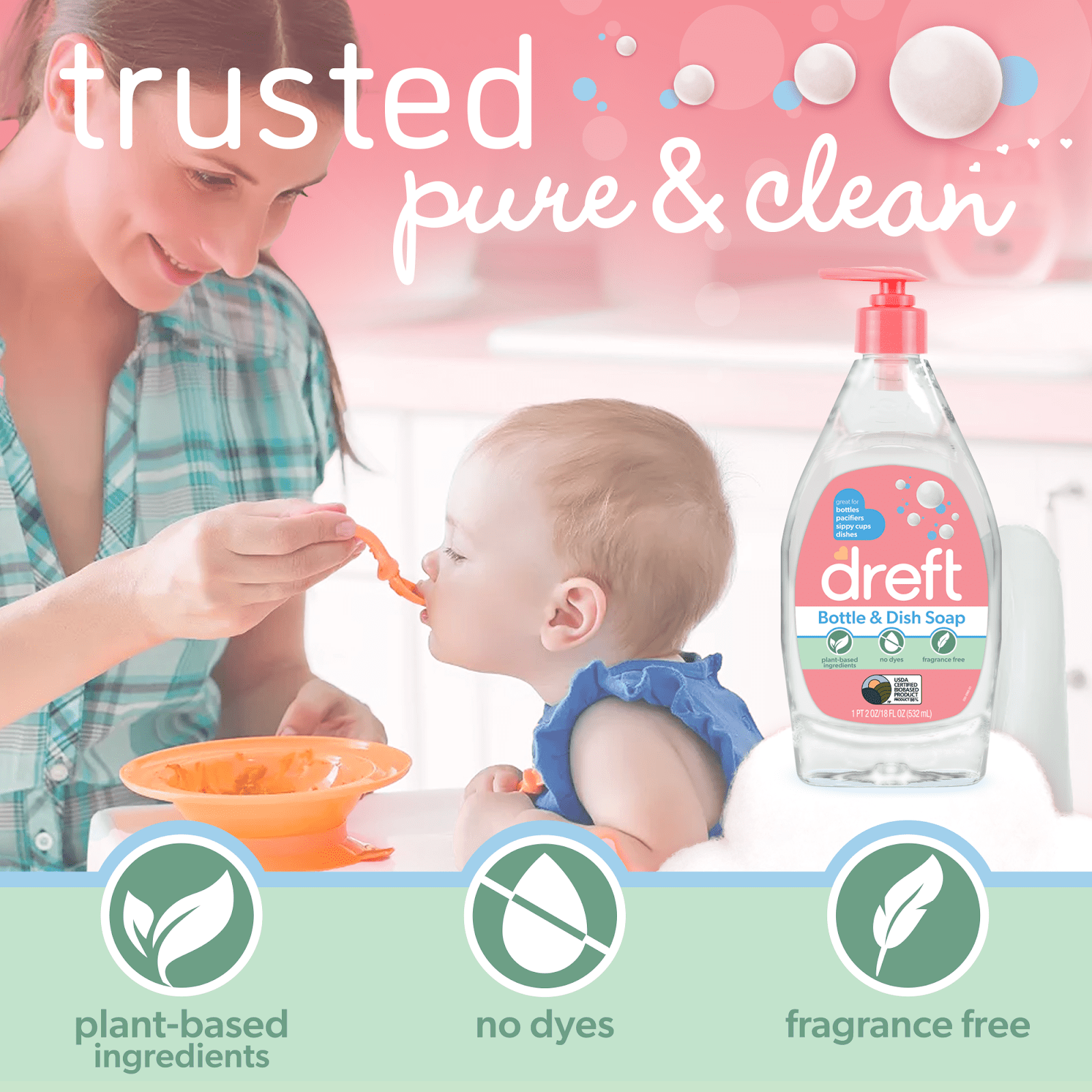 Dreft Plant-Based Liquid Dish Soap for Baby Essentials (Fragrance Free, 18 fl oz) yno6m