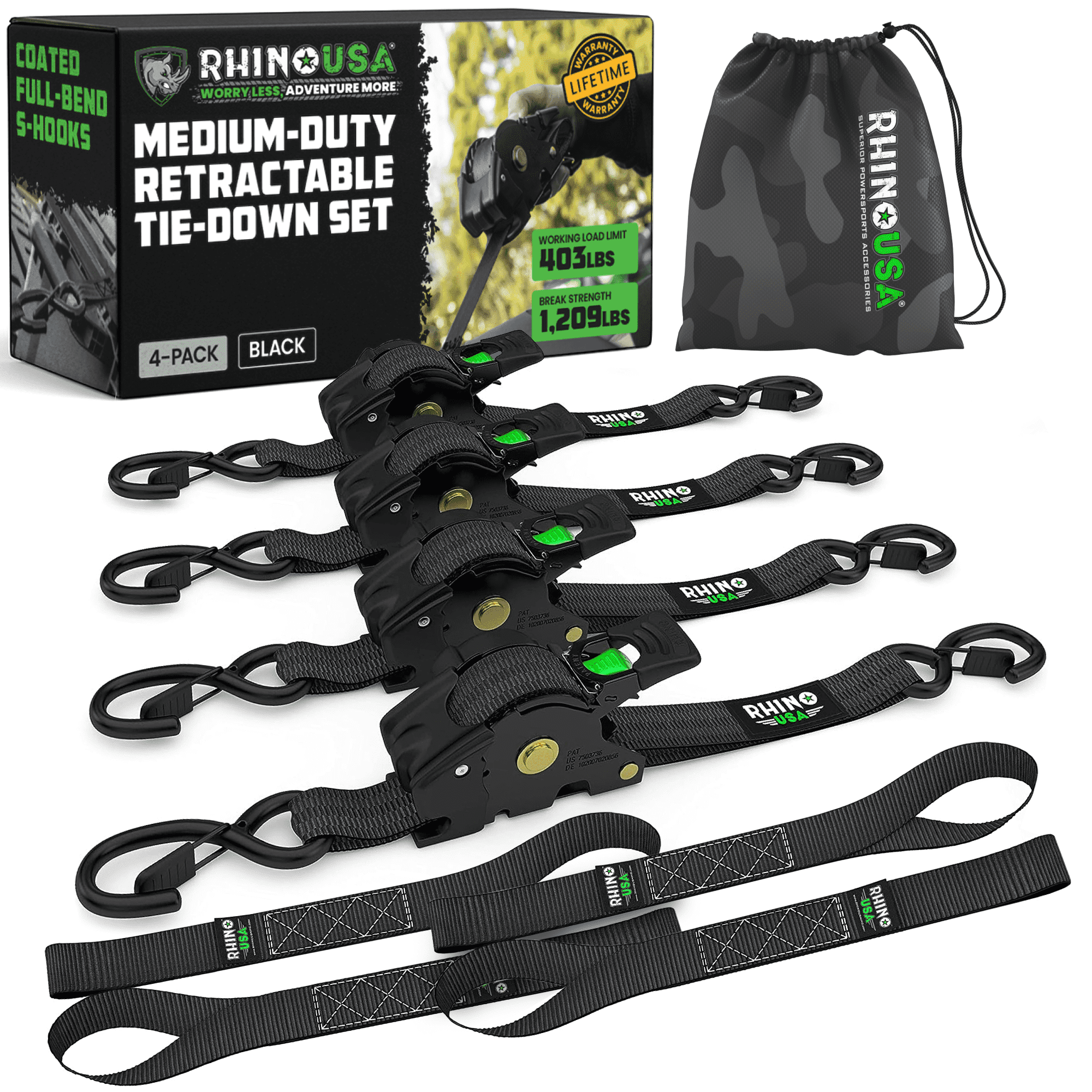 Rhino USA Retractable Ratchet Straps Heavy-Duty Cargo Tie Downs (Black, 4-Pack, 1 in x 10 ft) p9yru