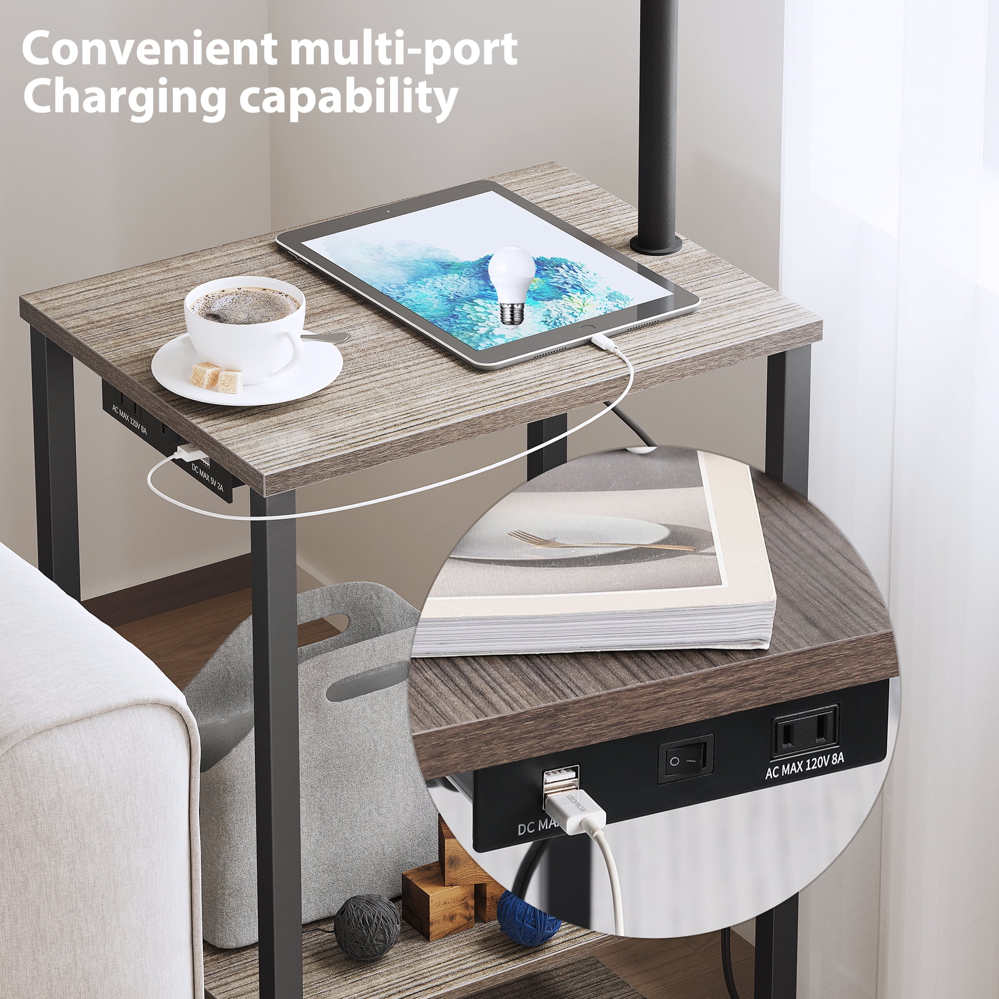 SUNMORY Floor Lamp with Integrated End Table, Charging Station with USB & AC Ports, 3-Color Temperature LED Bulb, Rustic Storage Shelves (Brown, 1 Pack) zd7c1