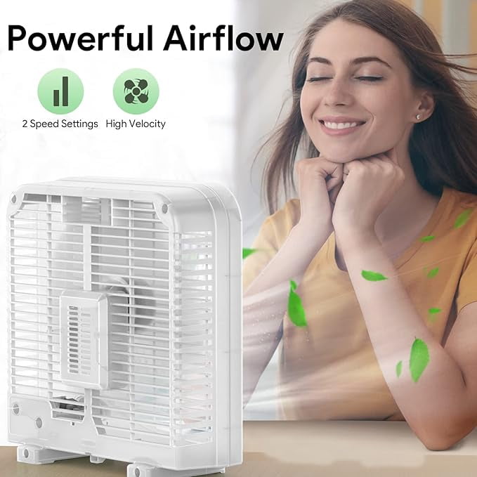 Shinic 9-inch Tabletop Box Fan, Portable Cooling Fan with 2-Speed Control (White, 9 in) 27cz3