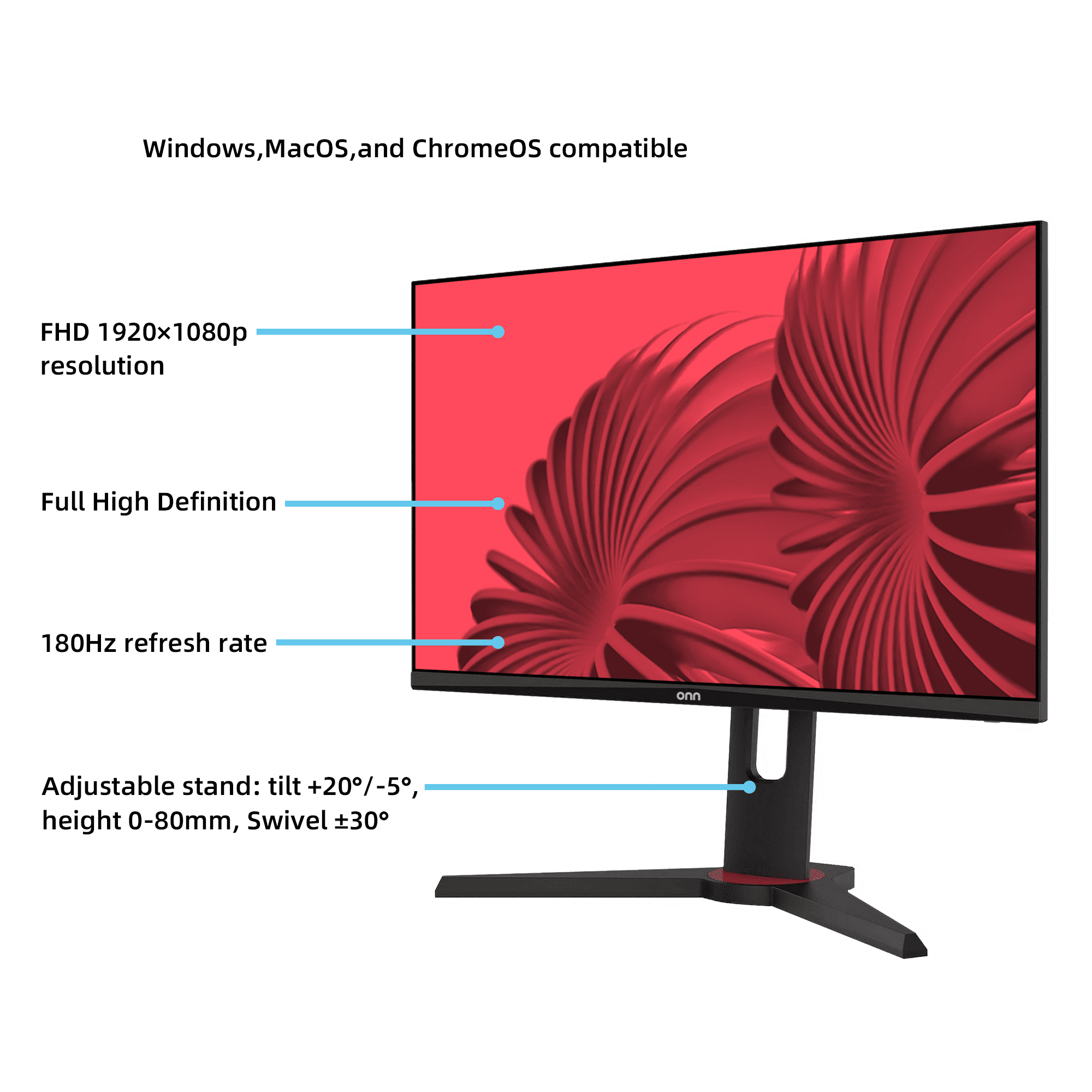 onn 24-inch FHD Gaming Monitor, 180Hz Refresh Rate, 1ms Response Time, FreeSync, Adjustable Stand (Black, 24 in) ug7xg