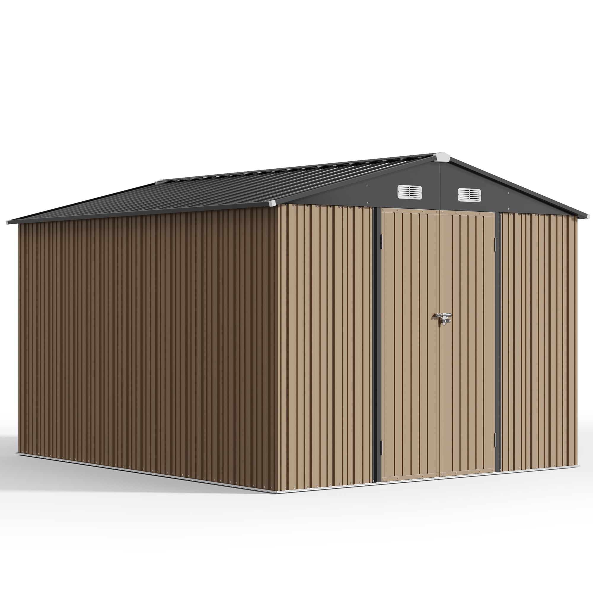 Lofka Outdoor Storage Shed, Galvanized Steel Garden Shed with Lockable Doors (Light Brown, 10 ft x 10 ft) 7du7e