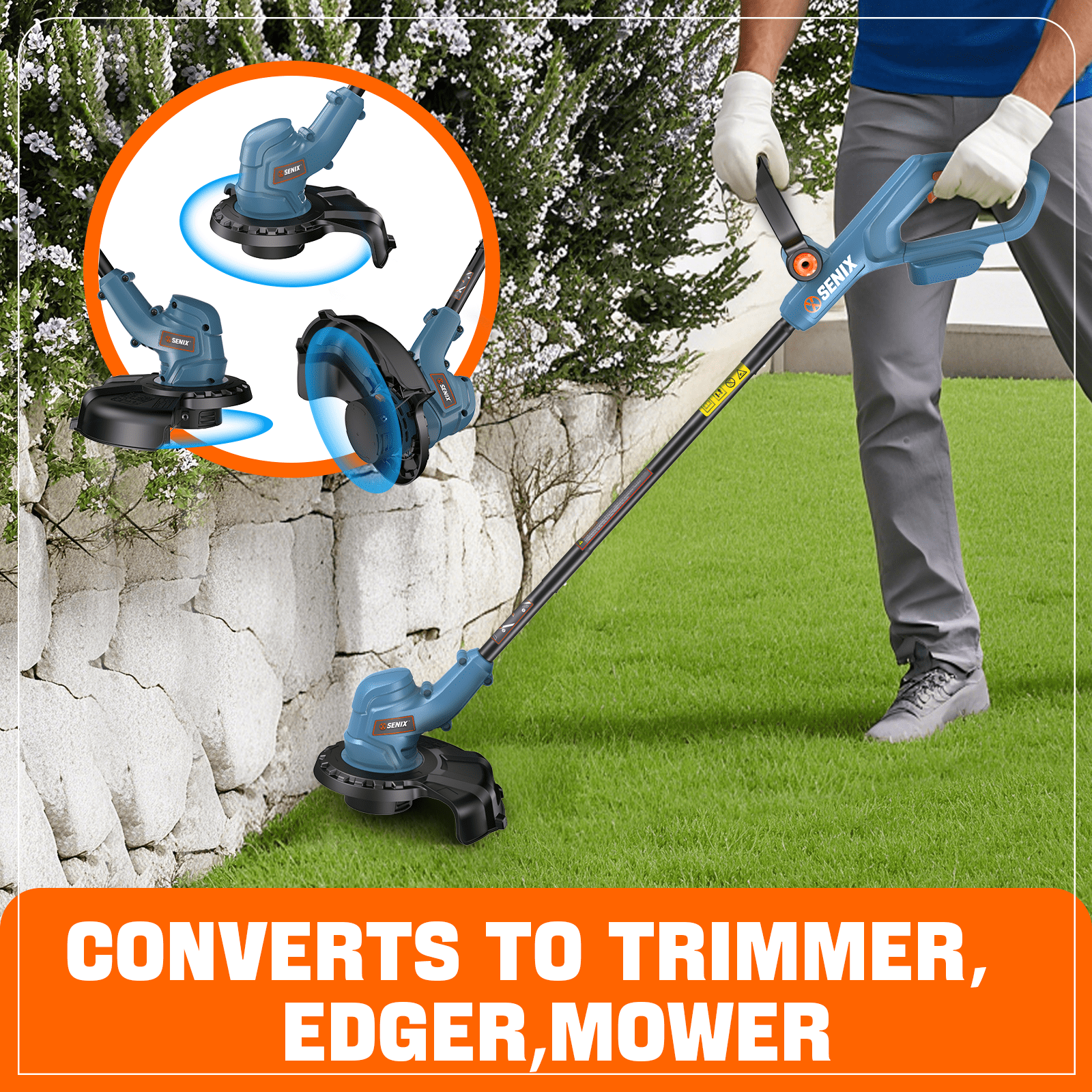 Senix 20V Cordless Grass Trimmer, 10 in Cutting Width, Rotating Split Shaft with Auto Line Feed (2.0Ah Battery and Charger Included) 26ulo