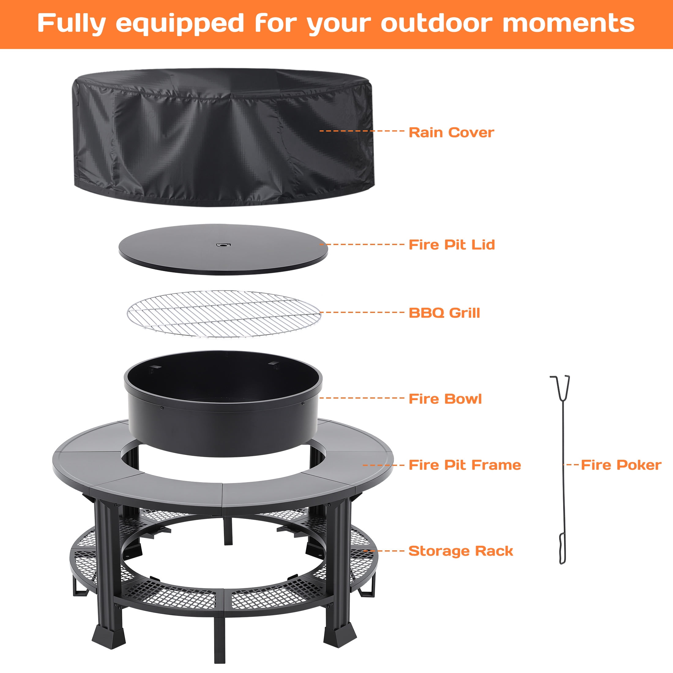Segmart 38 in Round Wood Burning Fire Pit Table with Grill, Poker, and Waterproof Cover (Black, 38 in) ra8m1