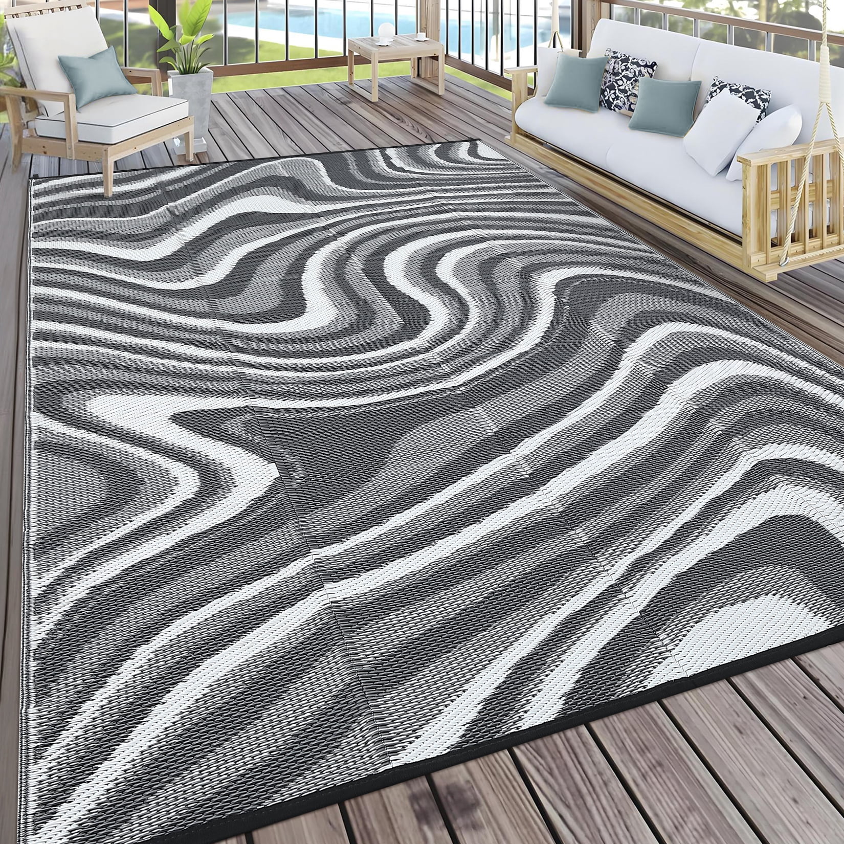 GIMMYFIVE Reversible Plastic Straw Indoor Outdoor Rug, Waterproof Patio Mat for Camping and RV (Black, 5 ft x 8 ft) uli5l