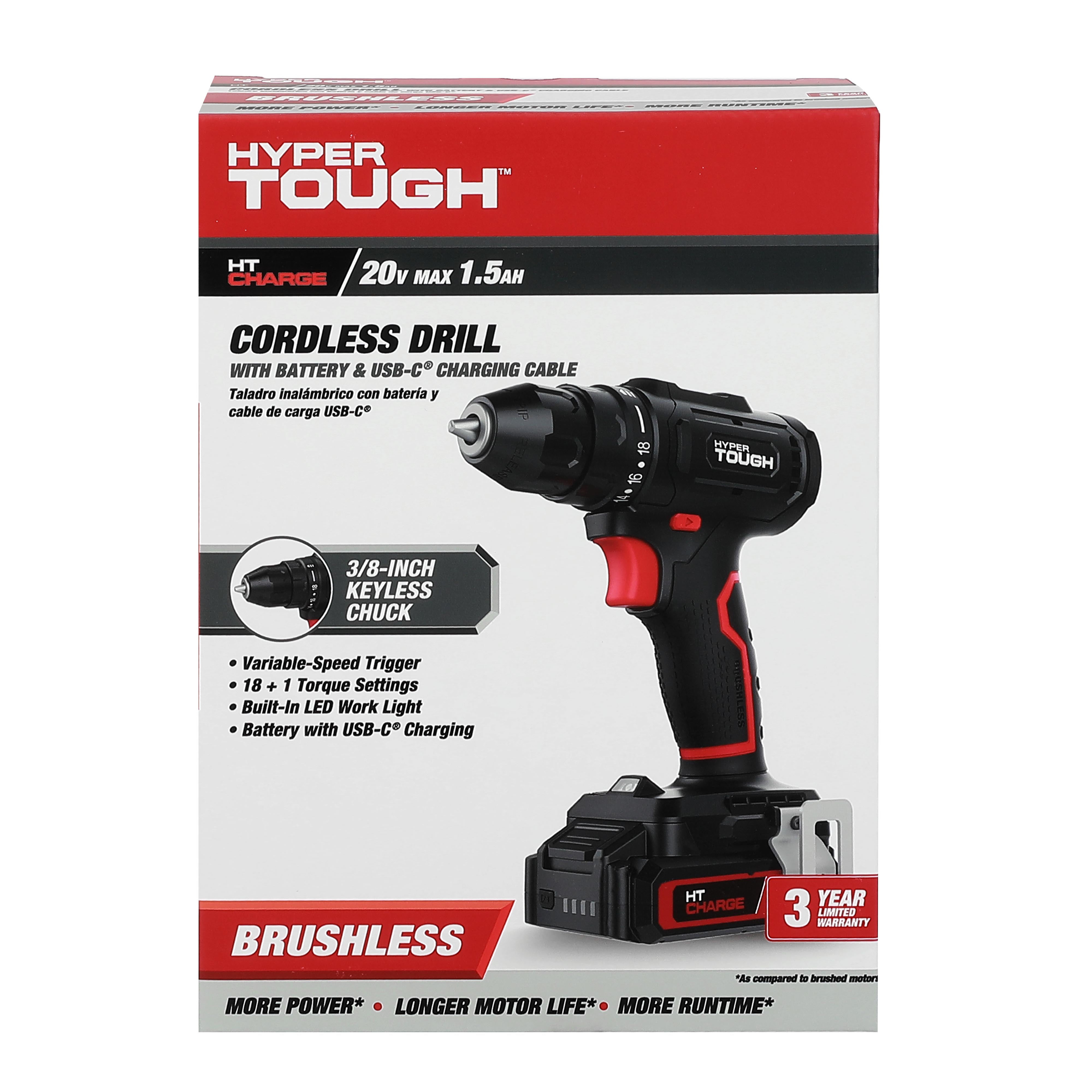 Hyper Tough 20V Brushless Cordless Drill with 1.5Ah Battery and USB-C Charging Cable (Black, 1-Speed) yd6l7