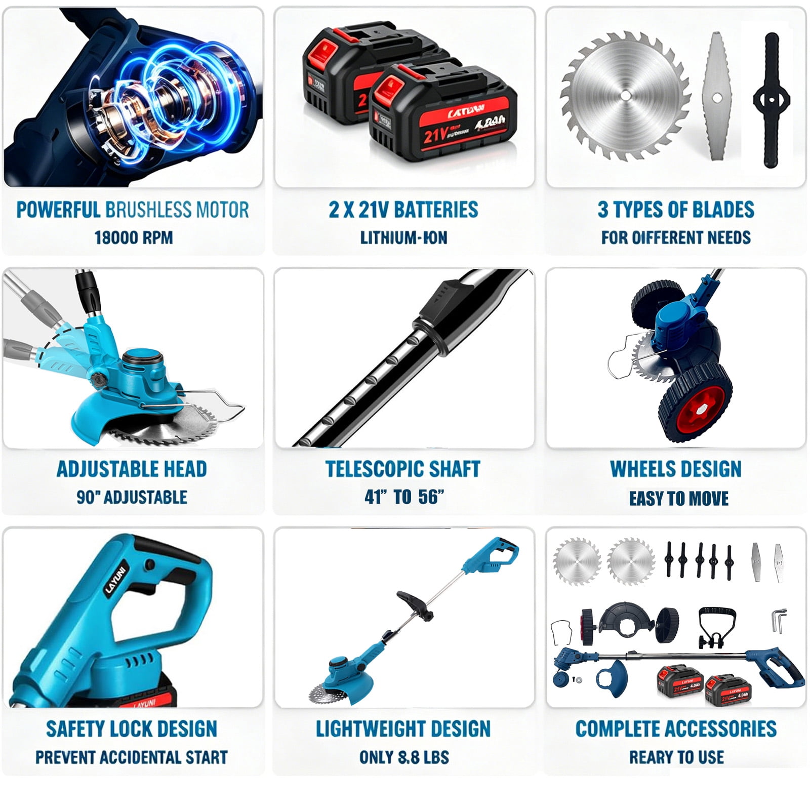 Susuzi 21V Cordless String Trimmer, Extendable Weed Wacker with 3-in-1 Cutting Blades (Blue, 1 Unit) dykw0
