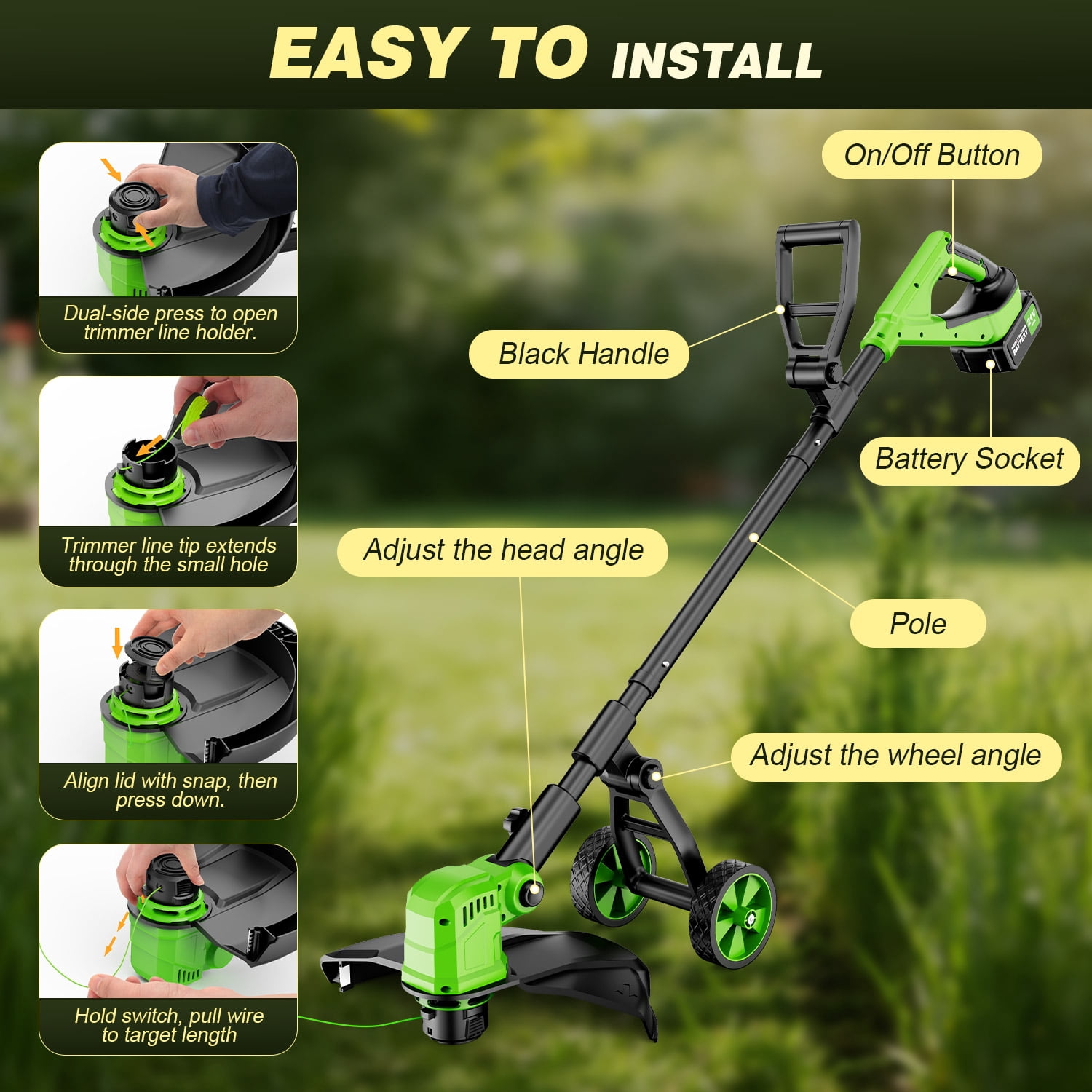 Fovendi 12-inch Cordless String Trimmer and Edger with 8 Replacement Spools (Green, 4.0 lb) 1r6ch