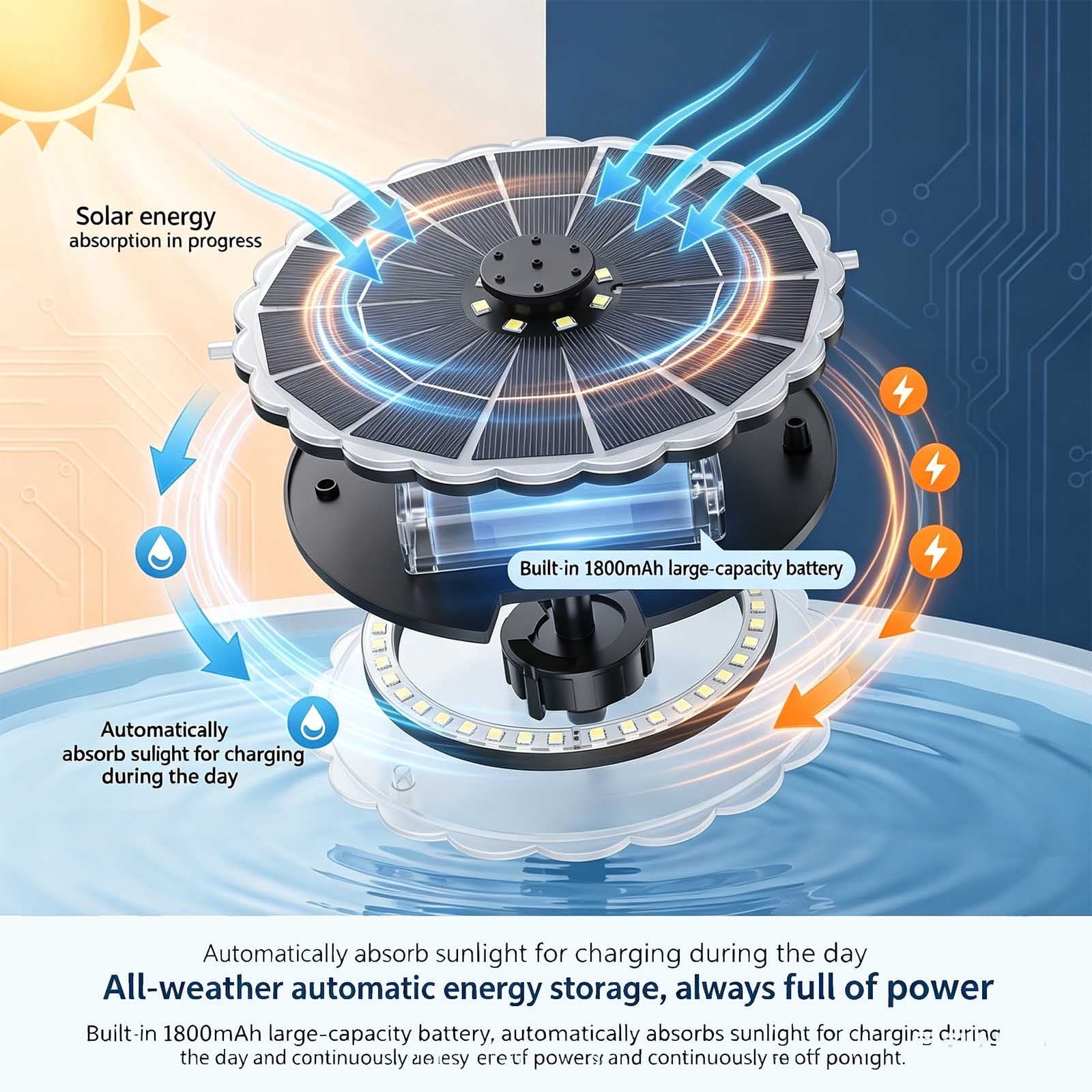 Flyylvoe Solar Bubbler Fountain with LED Lights (Floating Water Pump, 6 Spray Nozzles, 25.6 in Max Height) 8mdp9