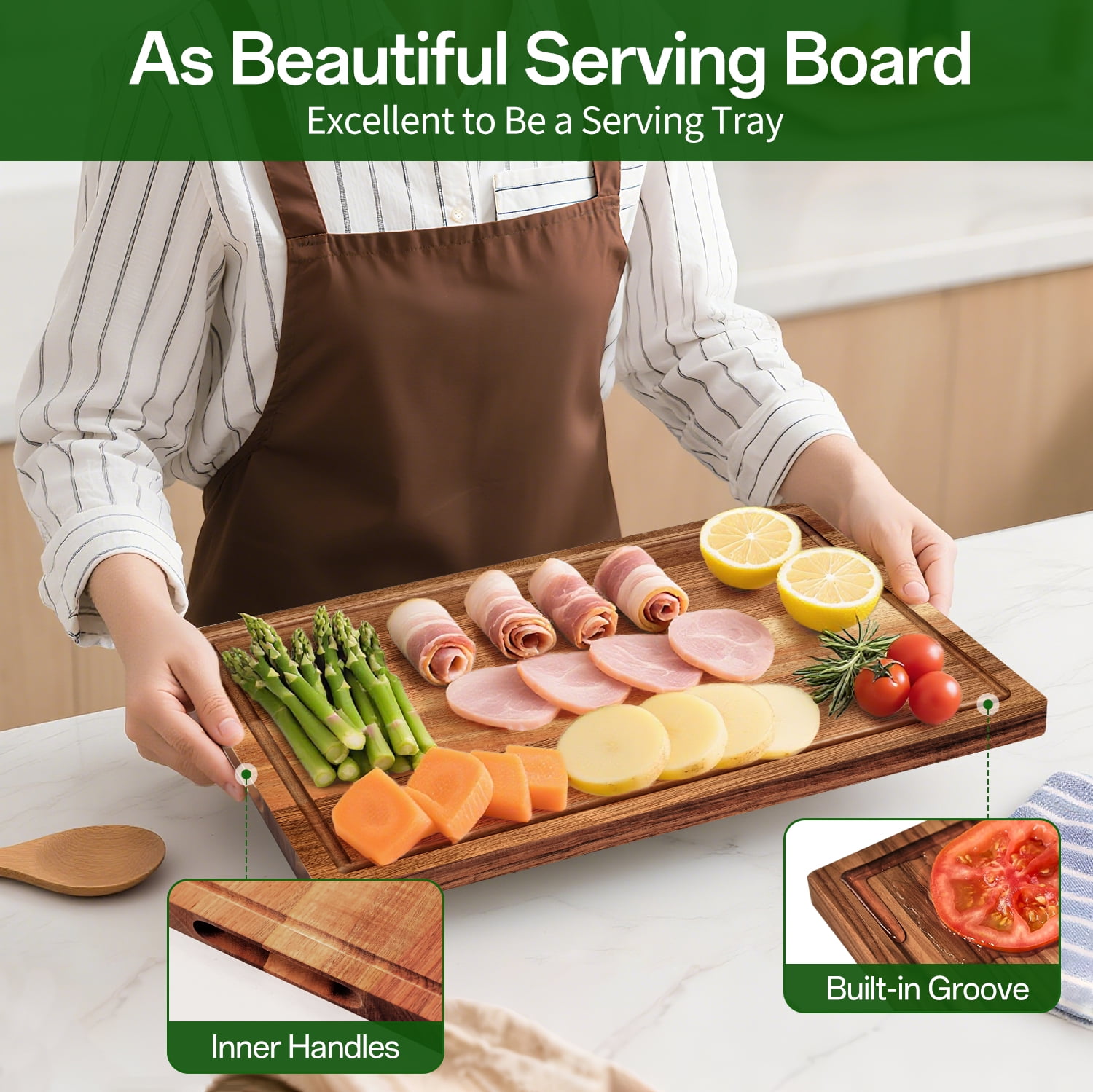 TINANA Acacia Wood Cutting Board, Heavy-Duty Butcher Block with Deep Juice Groove (Brown, 17 x 12 in) h052i