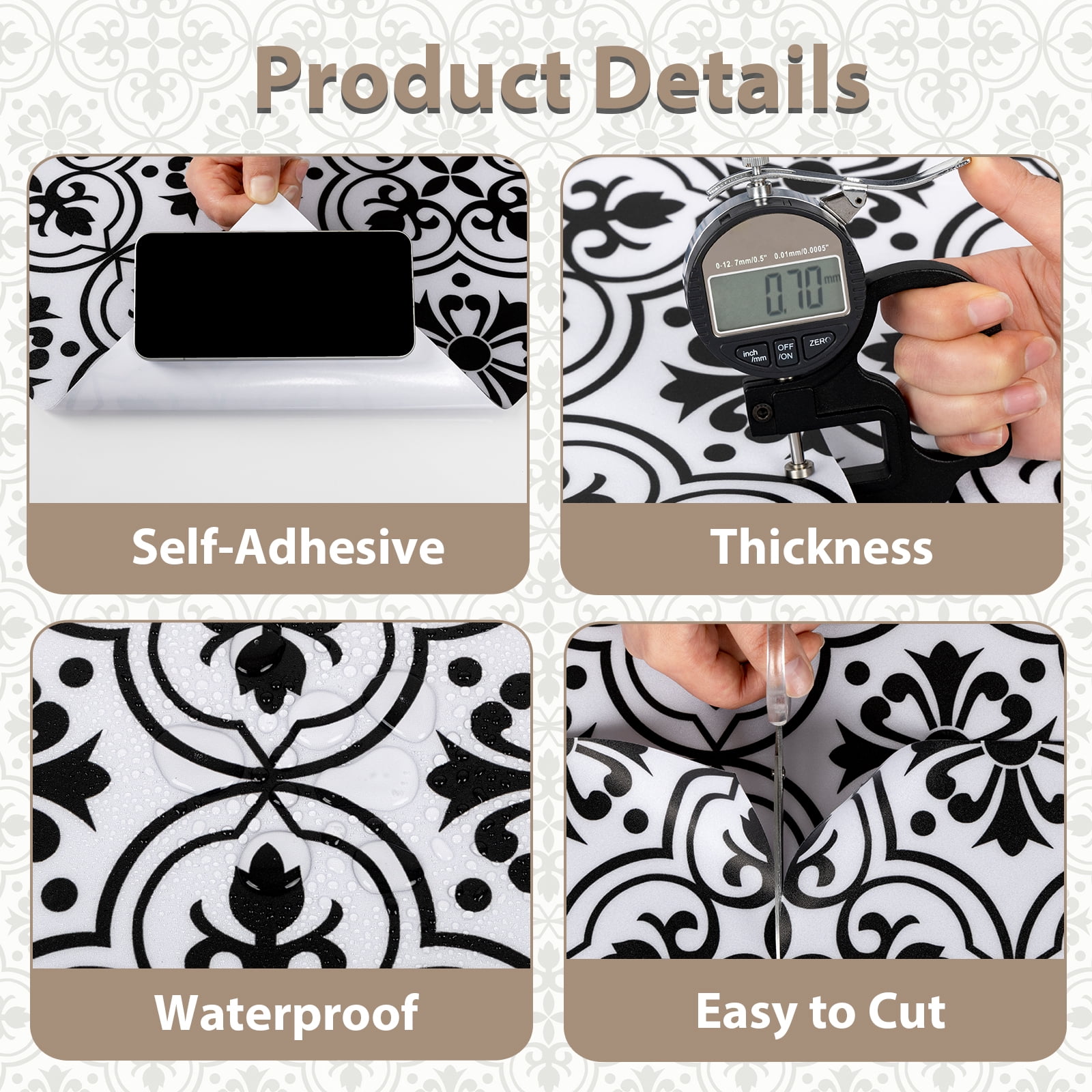 Abyssaly Peel and Stick Vinyl Flooring Tile, Waterproof Self-Adhesive Decorative Floor Covering for Kitchen and Bathroom (Black and White Flower, 15.7 in x 157.5 in) x09m8