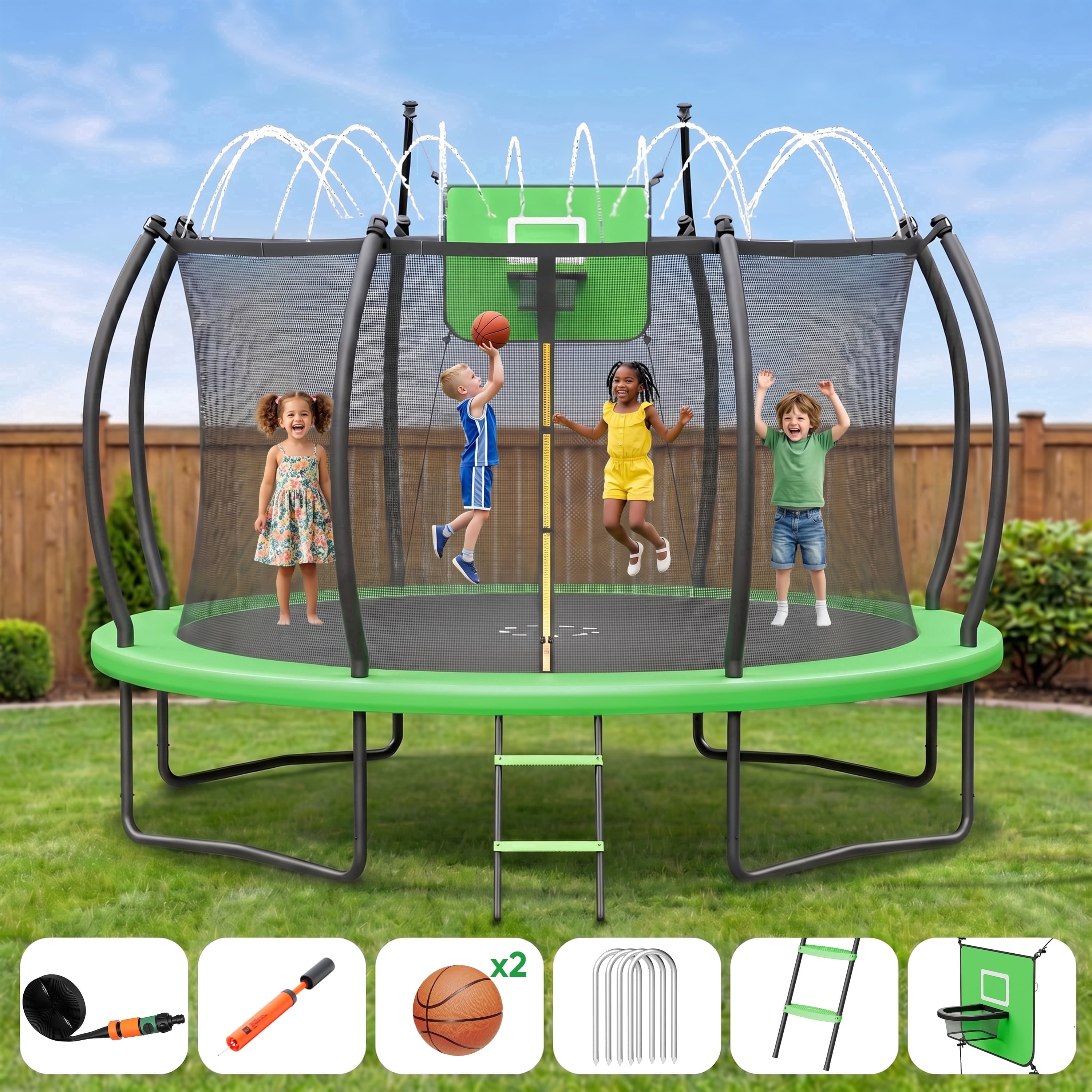 Gardwin Round Outdoor Trampoline with Safety Enclosure, Ladder, Sprinkler, and Basketball Hoop (Green, 12 ft) 8w8tp
