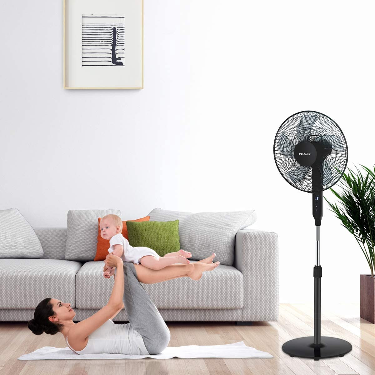 Pelonis 16 Inch Pedestal Standing Fan with Remote Control and DC Motor (Black, 16 in) 3aapx