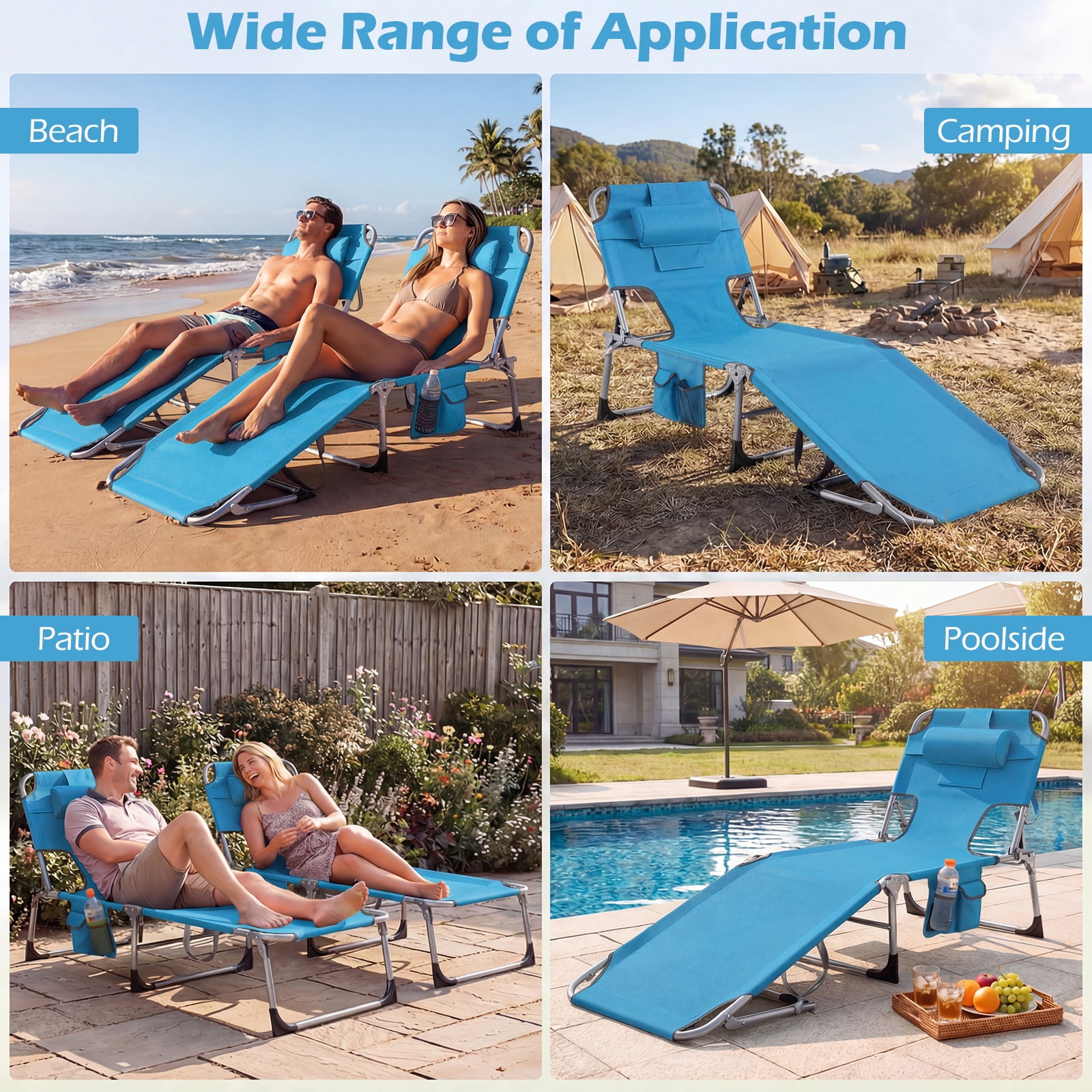 Gymax Folding Tanning Beach Chair with Face and Arm Holes, Adjustable Backrest (Blue) wdoa0