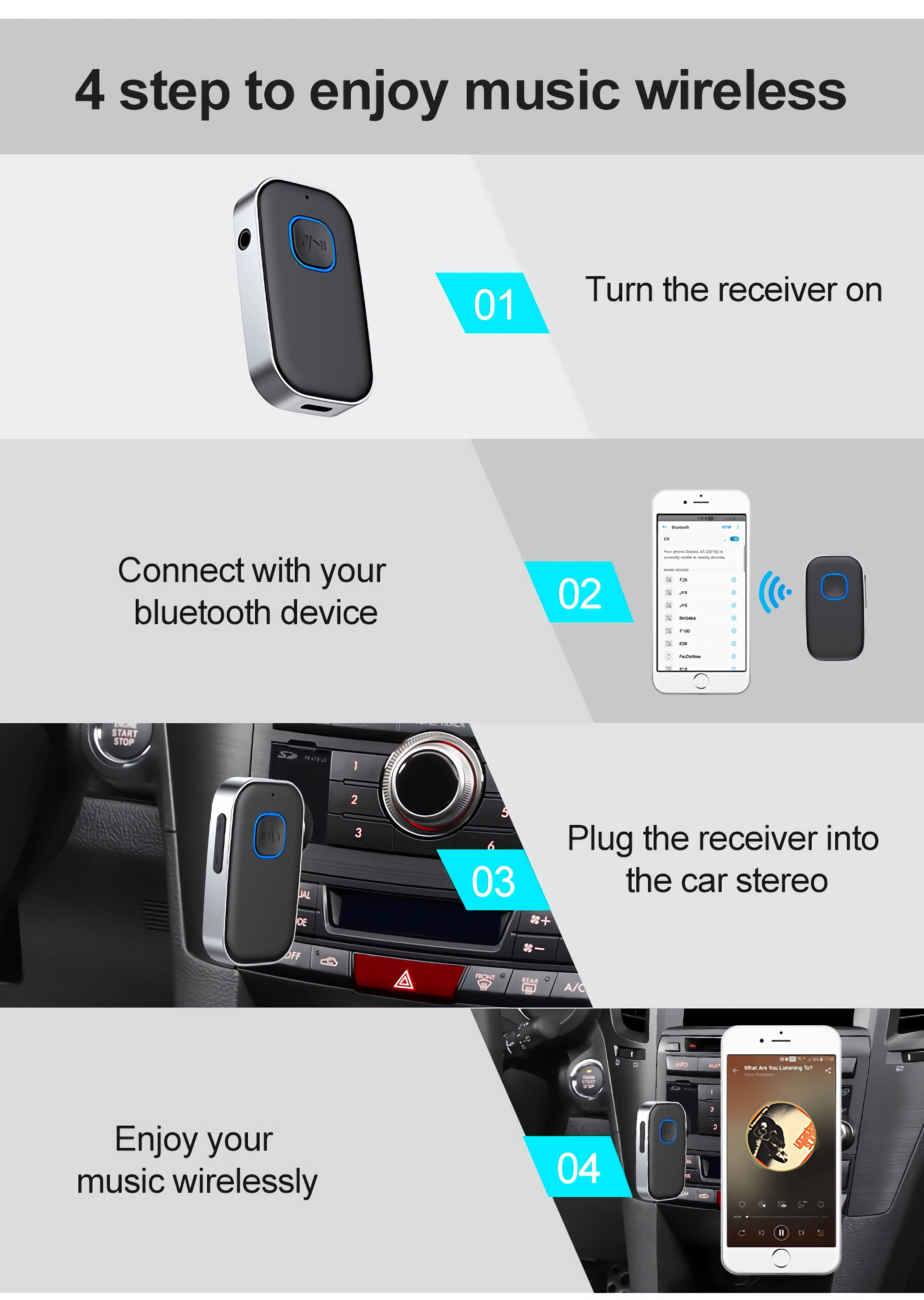 Generic Bluetooth Receiver for Car, Wireless Audio Adapter with Noise Cancellation for Home Stereo and Wired Headphones (Black, 1 Unit) i0jmv