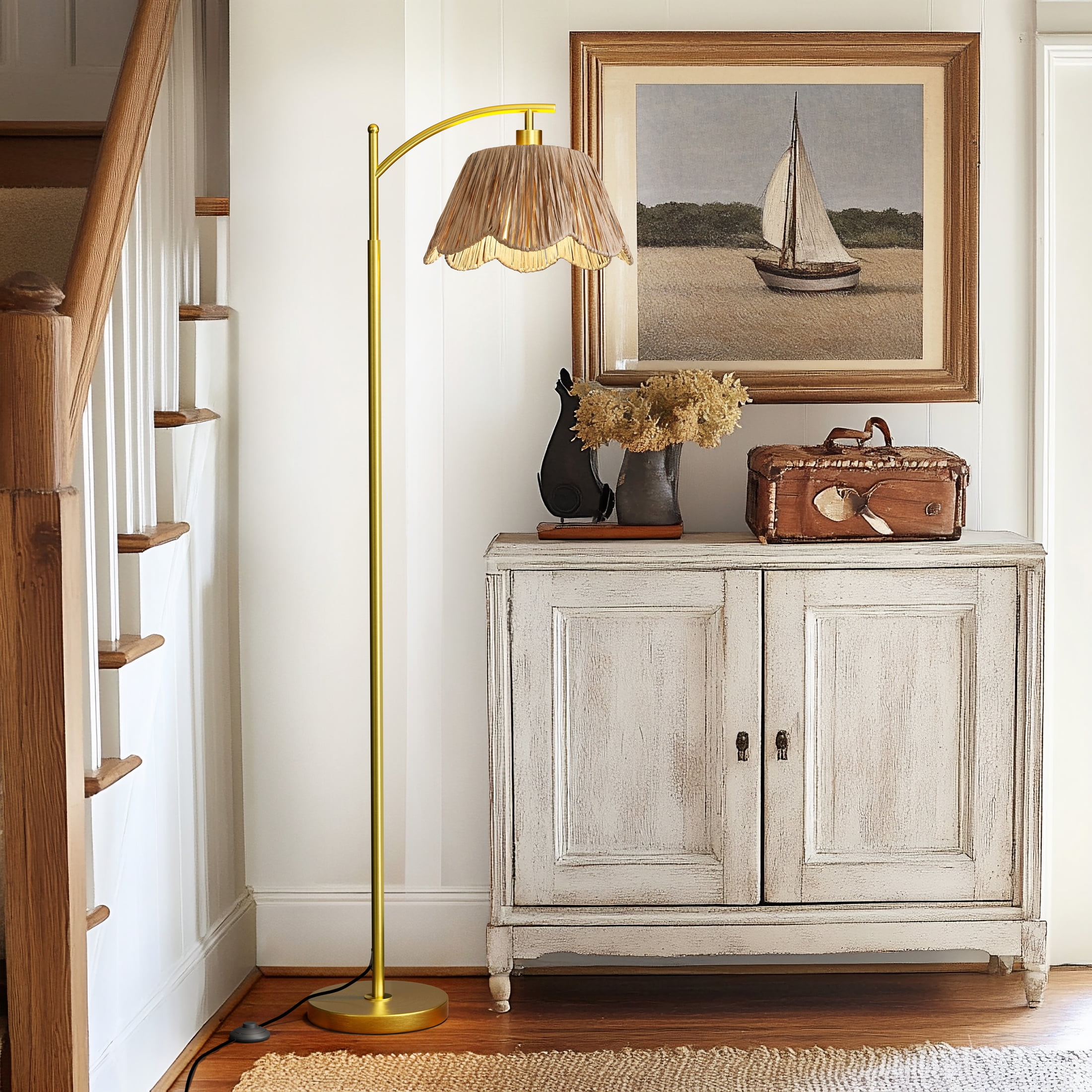 Oneach Boho Floor Lamp, Standing Lamp for Living Room with Floral Raffia Shade (Brown, 62.5 in) fpwhd