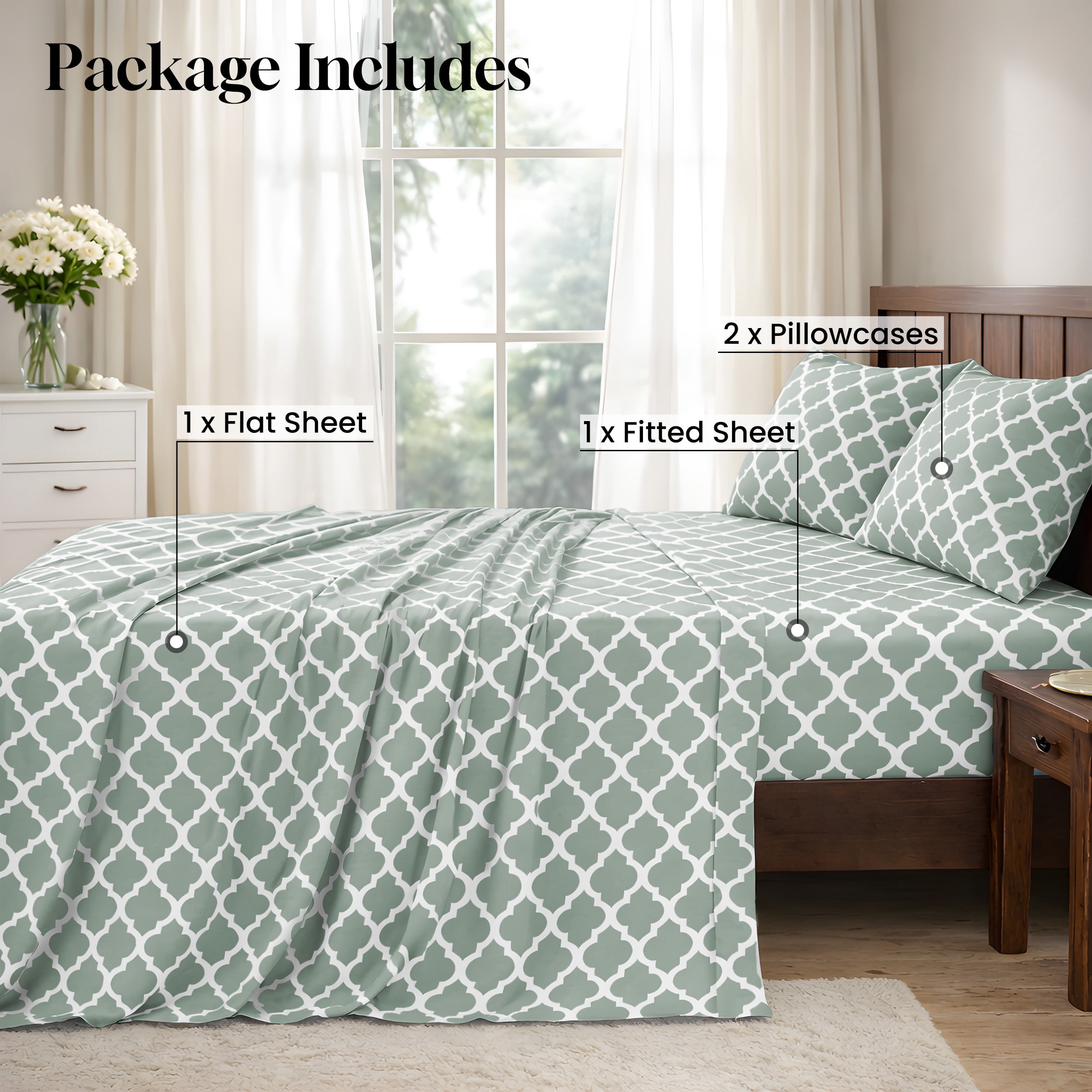 Lux Decor Collection Queen Bed Sheet Set (4-Piece, Quatrefoil Pattern, Grey) aabee