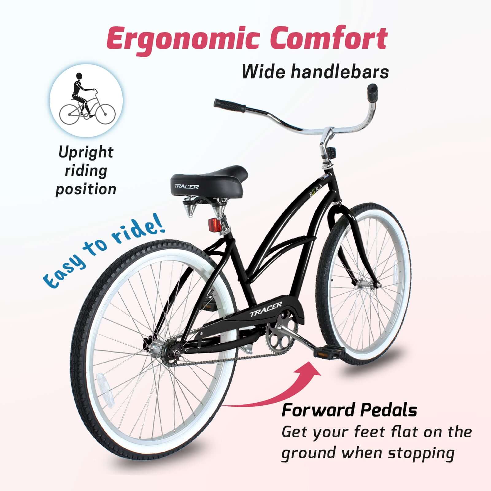 Tracer Bora Cruiser Beach Bike, Single Speed, 26 in Wheels, Durable Steel Frame (Matte Black) f3yjm