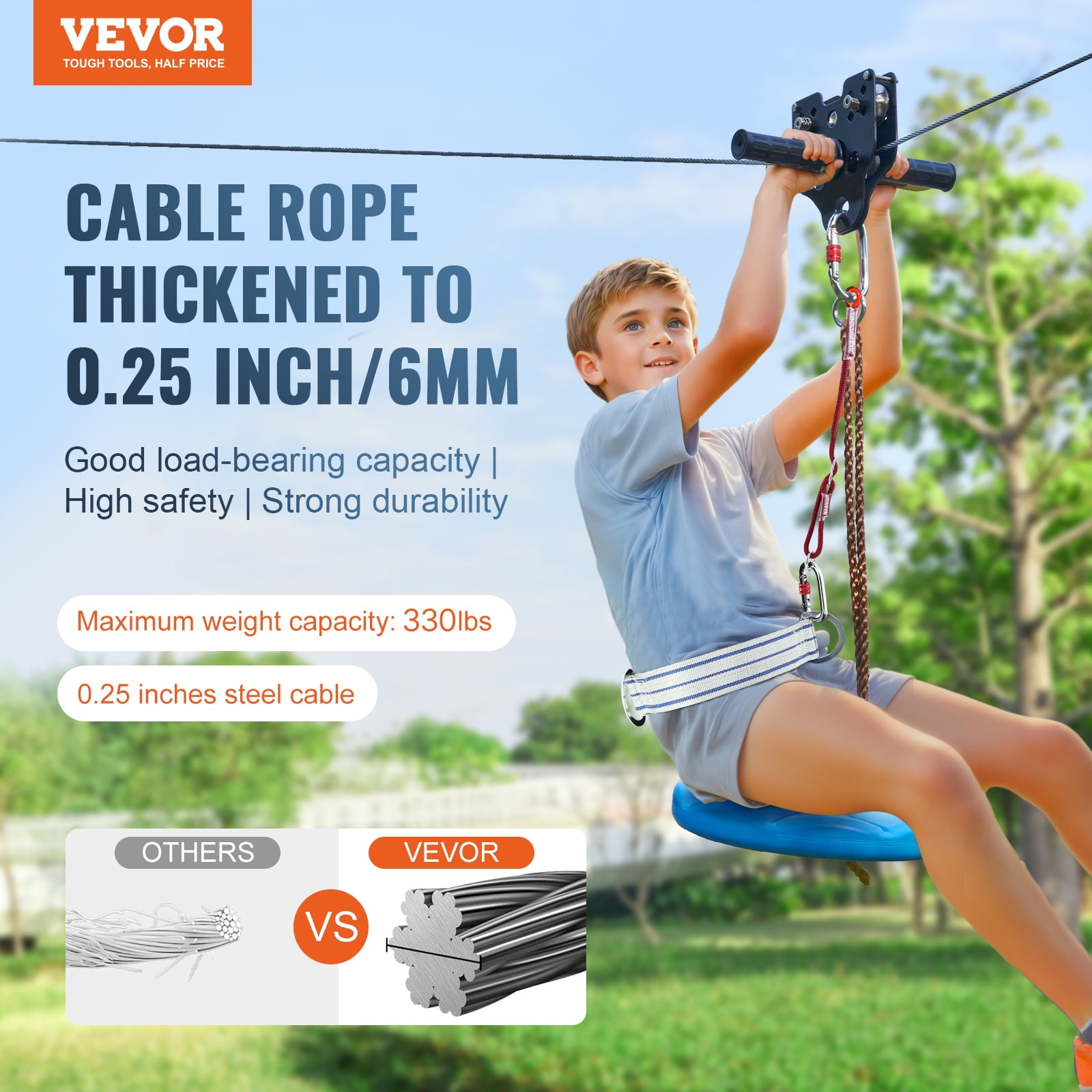VEVOR Zipline Kit for Backyard Outdoor Play, Heavy-Duty Stainless Steel Cable with Spring Brake and Safety Harness (Blue, 160 ft) t0r89