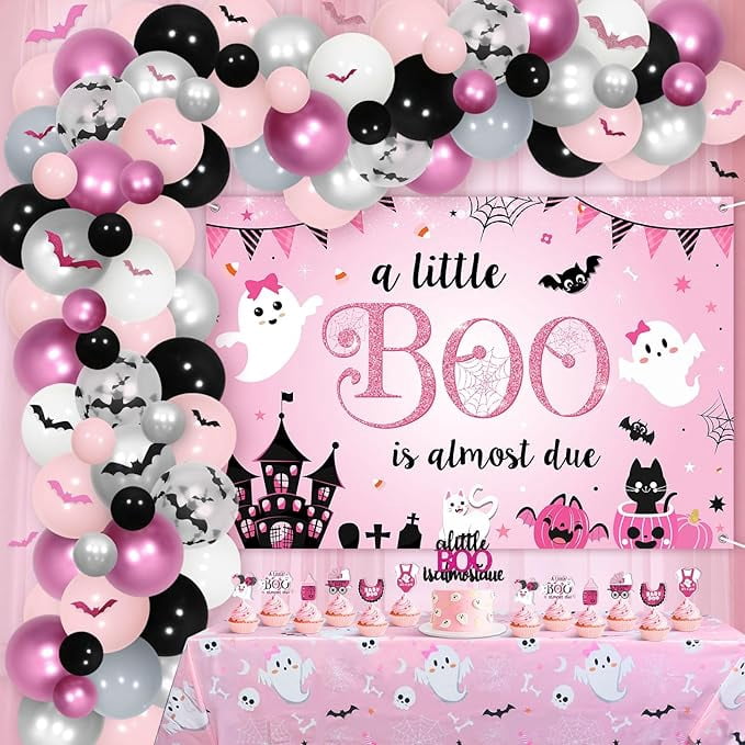 Generic Halloween Baby Shower Decoration Set, A Little Boo Is Almost Due Party Supplies with Balloons and Backdrop (Pink, 115 Piece Set) hzk1g
