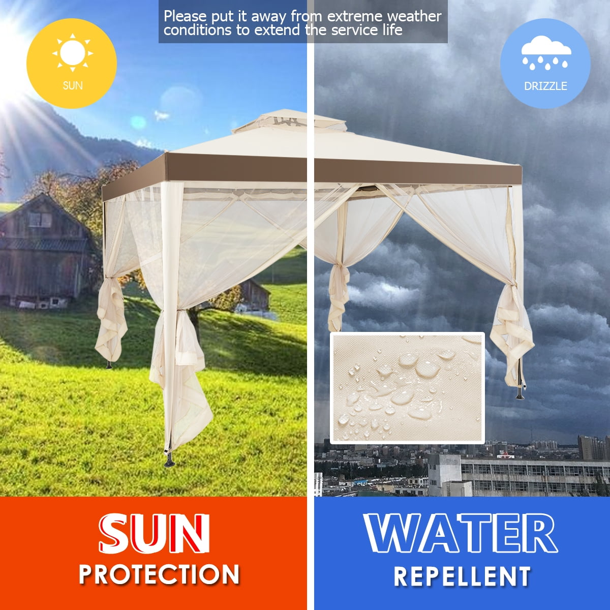 Costway Outdoor Event Canopy Tent with Mosquito Netting (Beige, 10 ft x 10 ft) 2gfqa