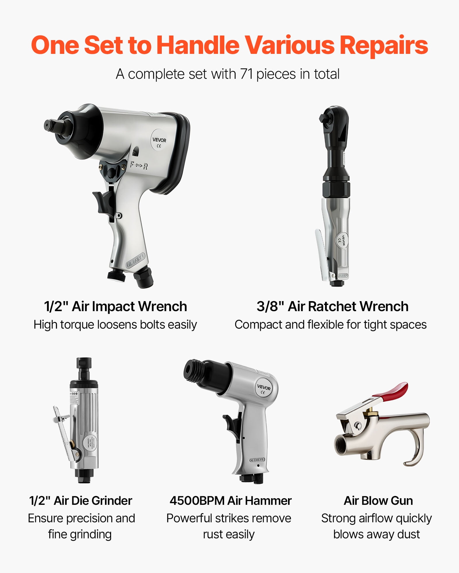 VEVOR 71-Piece Professional Air Tool Kit with Impact Wrench, Ratchet, Die Grinder, and Hammer (71 Pieces) gbitx
