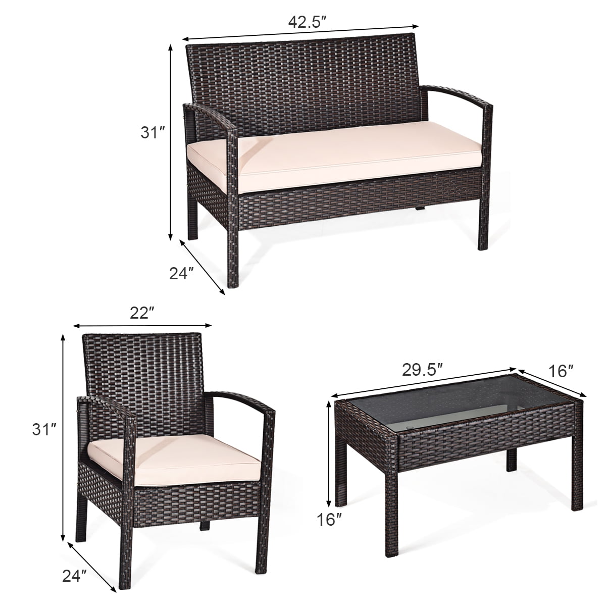 Costway 4-Piece Patio Rattan Conversation Furniture Set with Cushions and Glass Table (Brown, 4-Piece Set) y3b9y