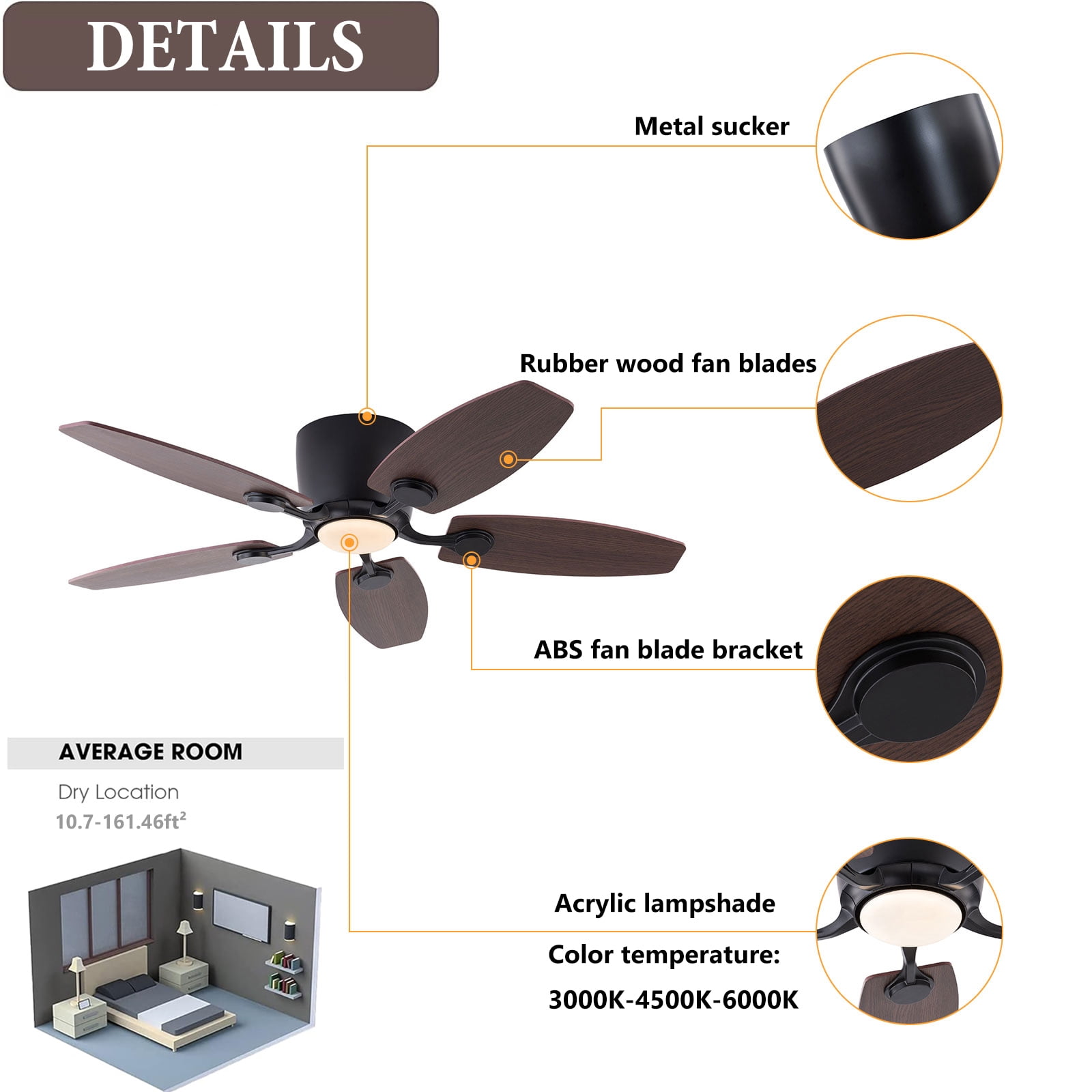 TOOL1SHOoo 42 in Farmhouse Flush Mount Reversible Ceiling Fan with LED Light and Remote Control (Brown, 42 in) gox3c