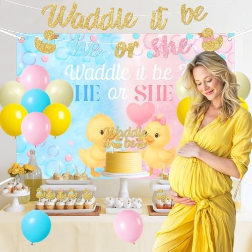 Duck Gender Reveal Party Decoration Set with Backdrop Banner Cake Toppers and Balloons (Blue and Pink, 1 Set) nxeic