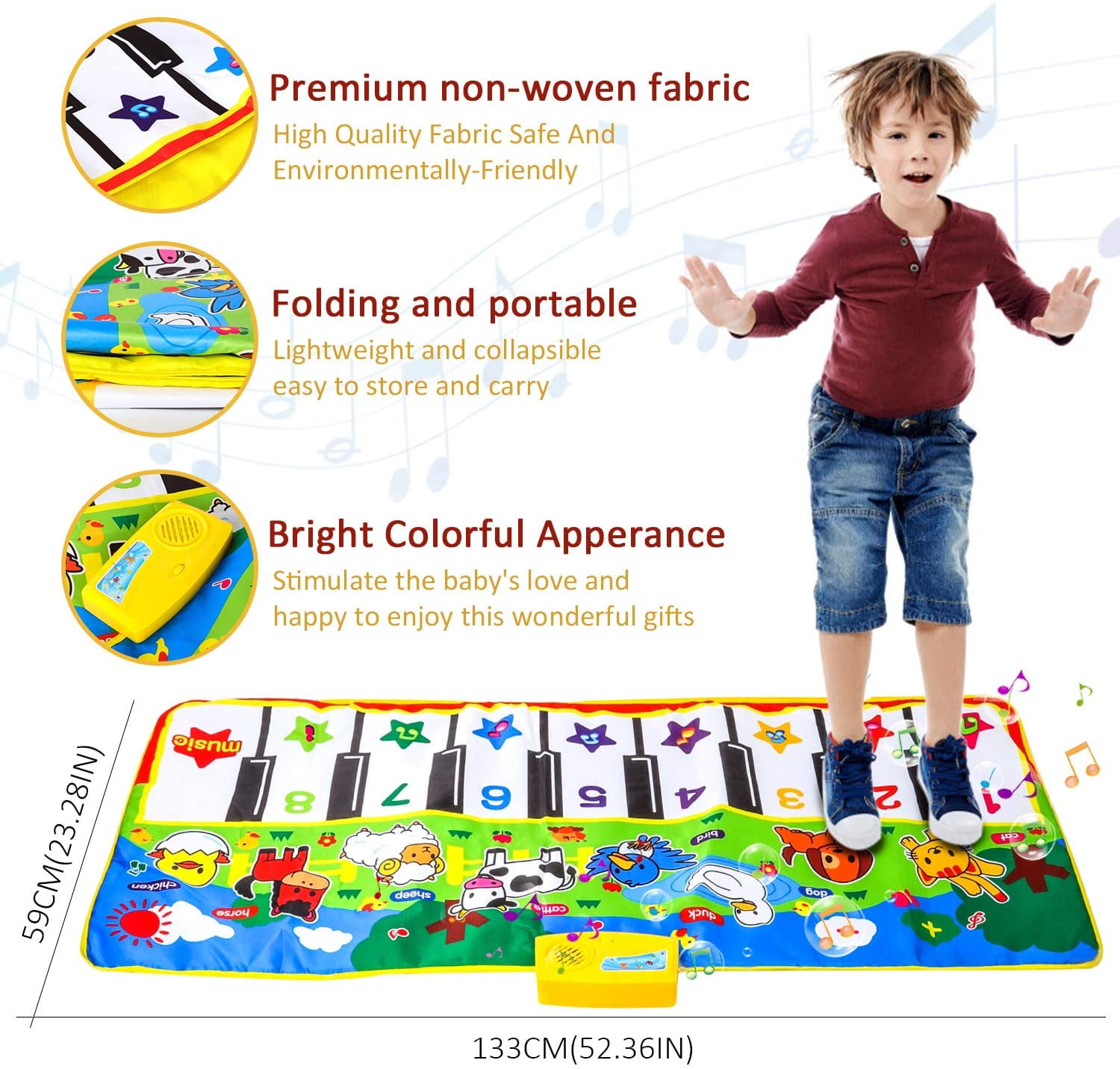 Rirool Interactive Music Piano Mat for Kids, Educational Dance Floor Toy with 8 Animal Sounds (53 in x 23 in) i7qr0