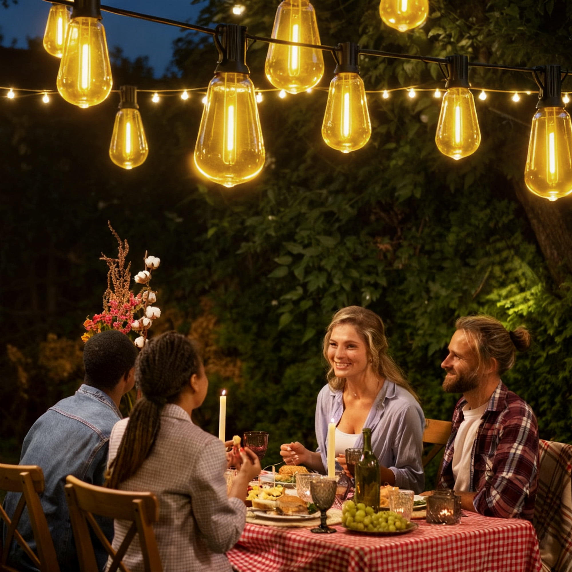 DAYBETTER Solar String Lights Outdoor, Waterproof LED Hanging Lights with 24 Shatterproof Bulbs, Dimmable (Warm White, 100 ft) 6tzjz