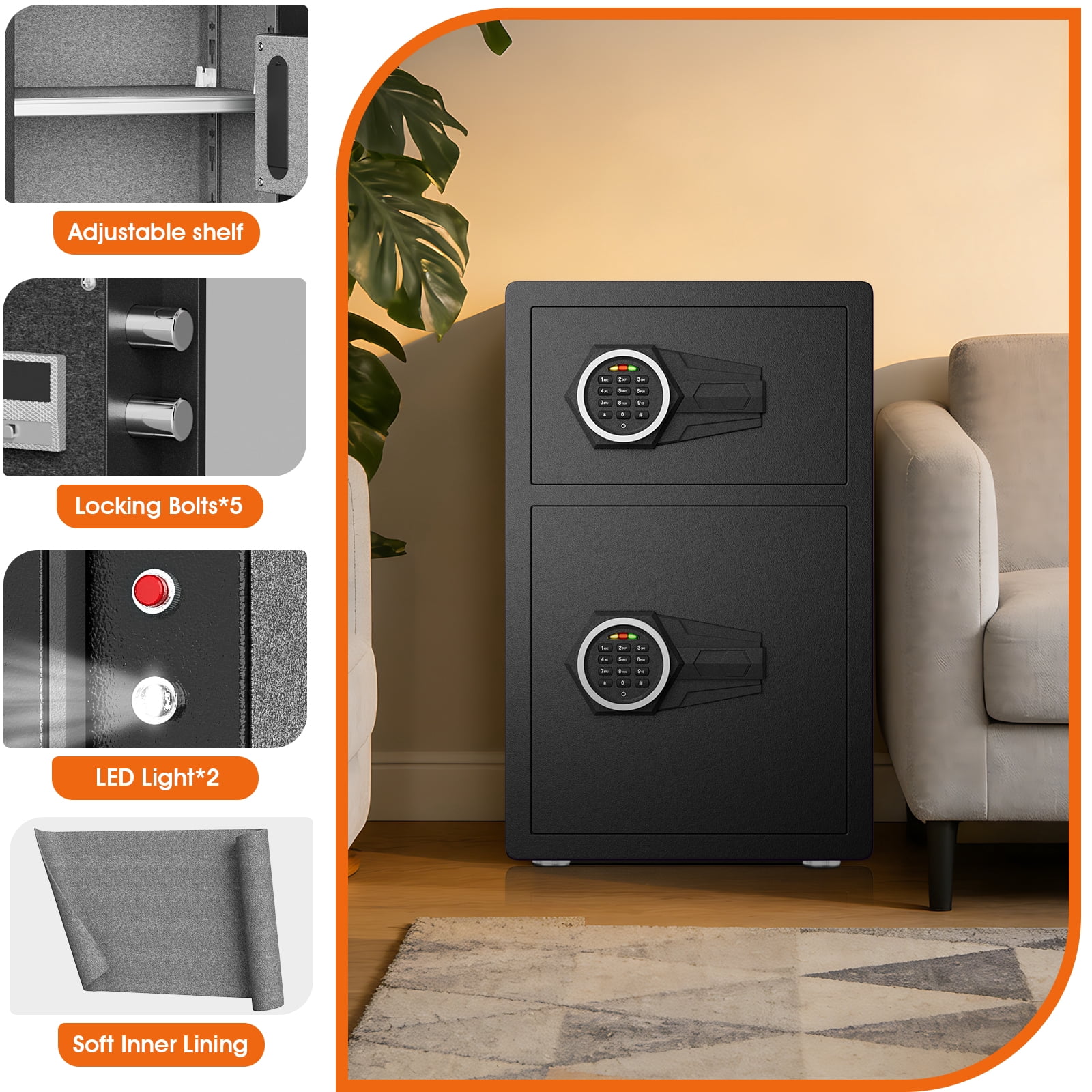 Kavey 4.5 Cu Ft Double Door Security Safe, Digital Keypad Home Safe for Cash and Documents (Black, 4.5 Cu Ft) 0f30g
